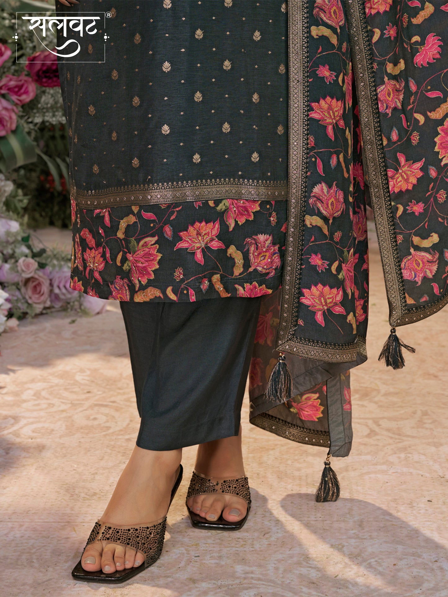 Dark Charcoal Dola Silk Kurta Set with Jacquard Work, Paired with a Dola Silk Digital Printed Dupatta