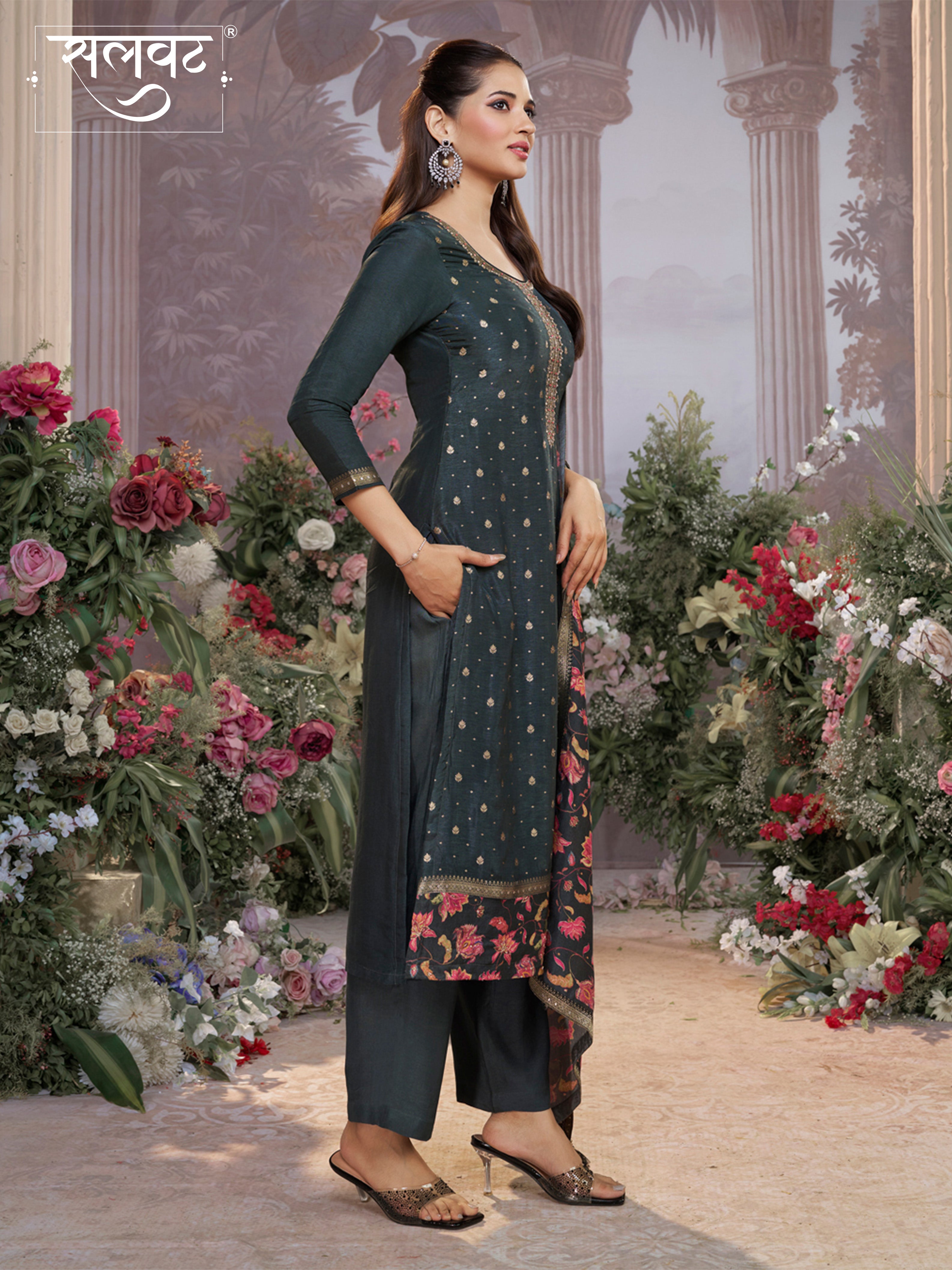 Dark Charcoal Dola Silk Kurta Set with Jacquard Work, Paired with a Dola Silk Digital Printed Dupatta