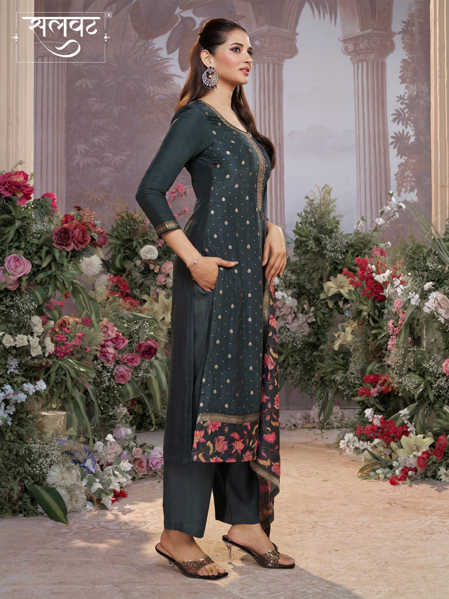 Dark Charcoal Dola Silk Kurta Set with Jacquard Work, Paired with a Dola Silk Digital Printed Dupatta