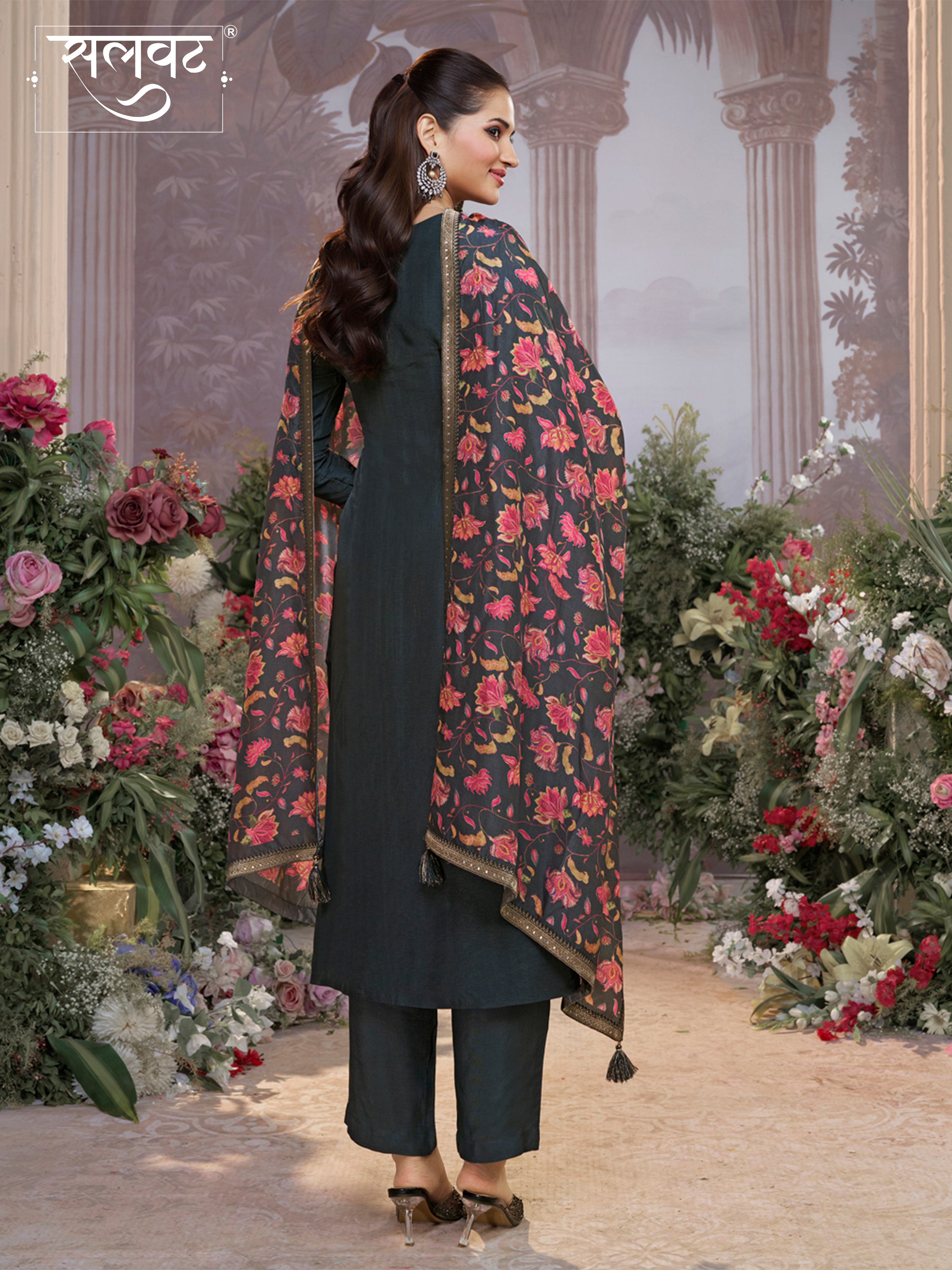 Dark Charcoal Dola Silk Kurta Set with Jacquard Work, Paired with a Dola Silk Digital Printed Dupatta
