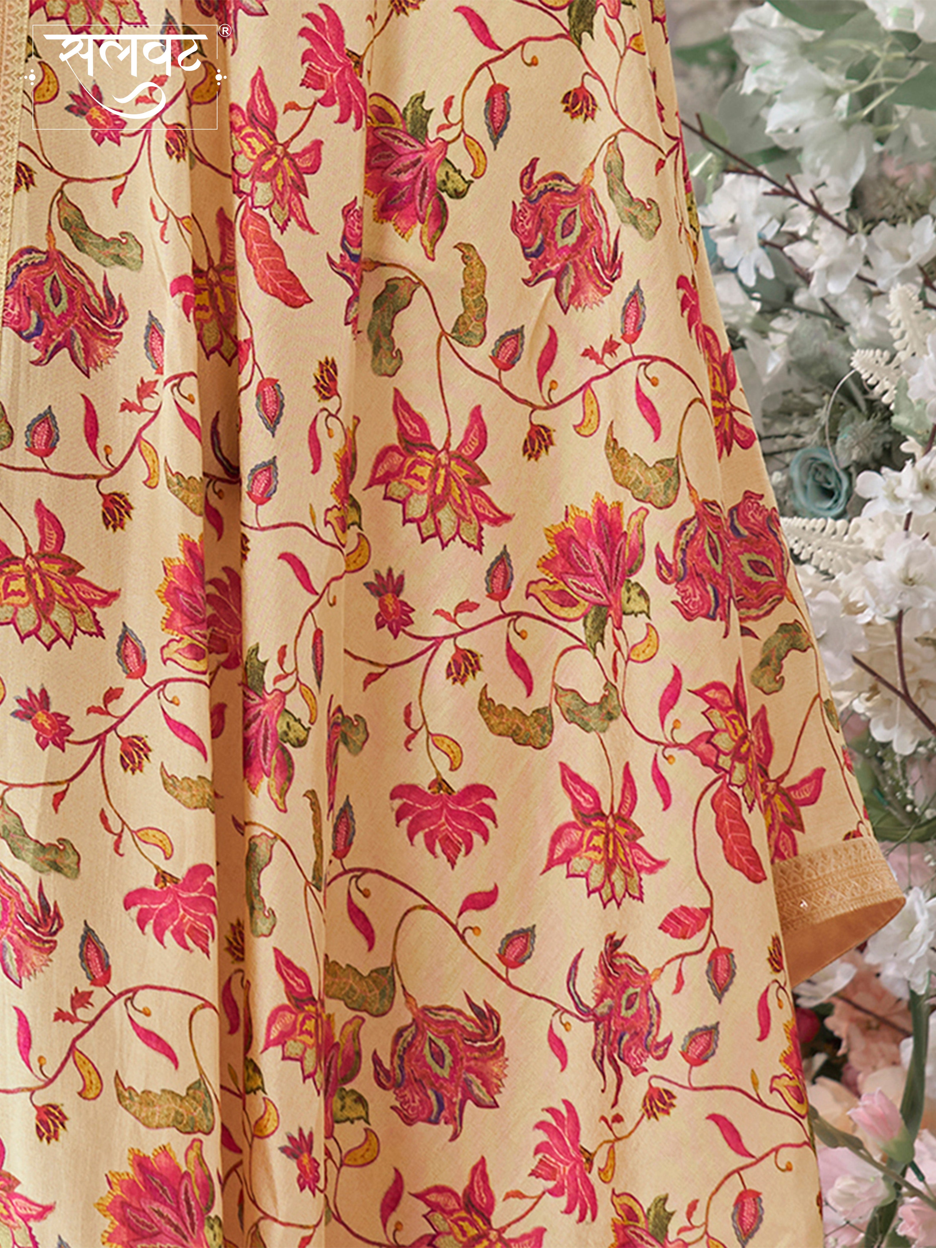 Off White Dola Silk Kurta Set with Jacquard Work, Paired with a Dola Silk Digital Printed Dupatta