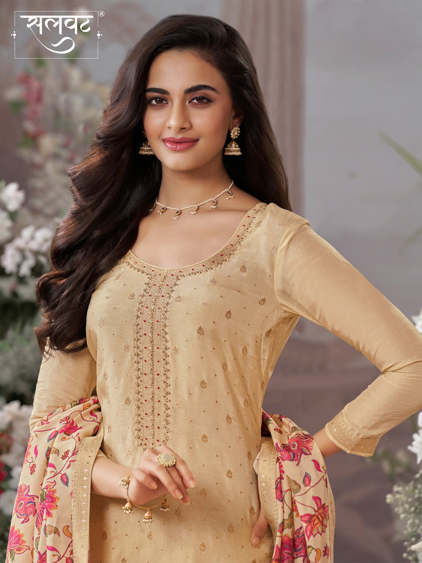 Off White Dola Silk Kurta Set with Jacquard Work, Paired with a Dola Silk Digital Printed Dupatta