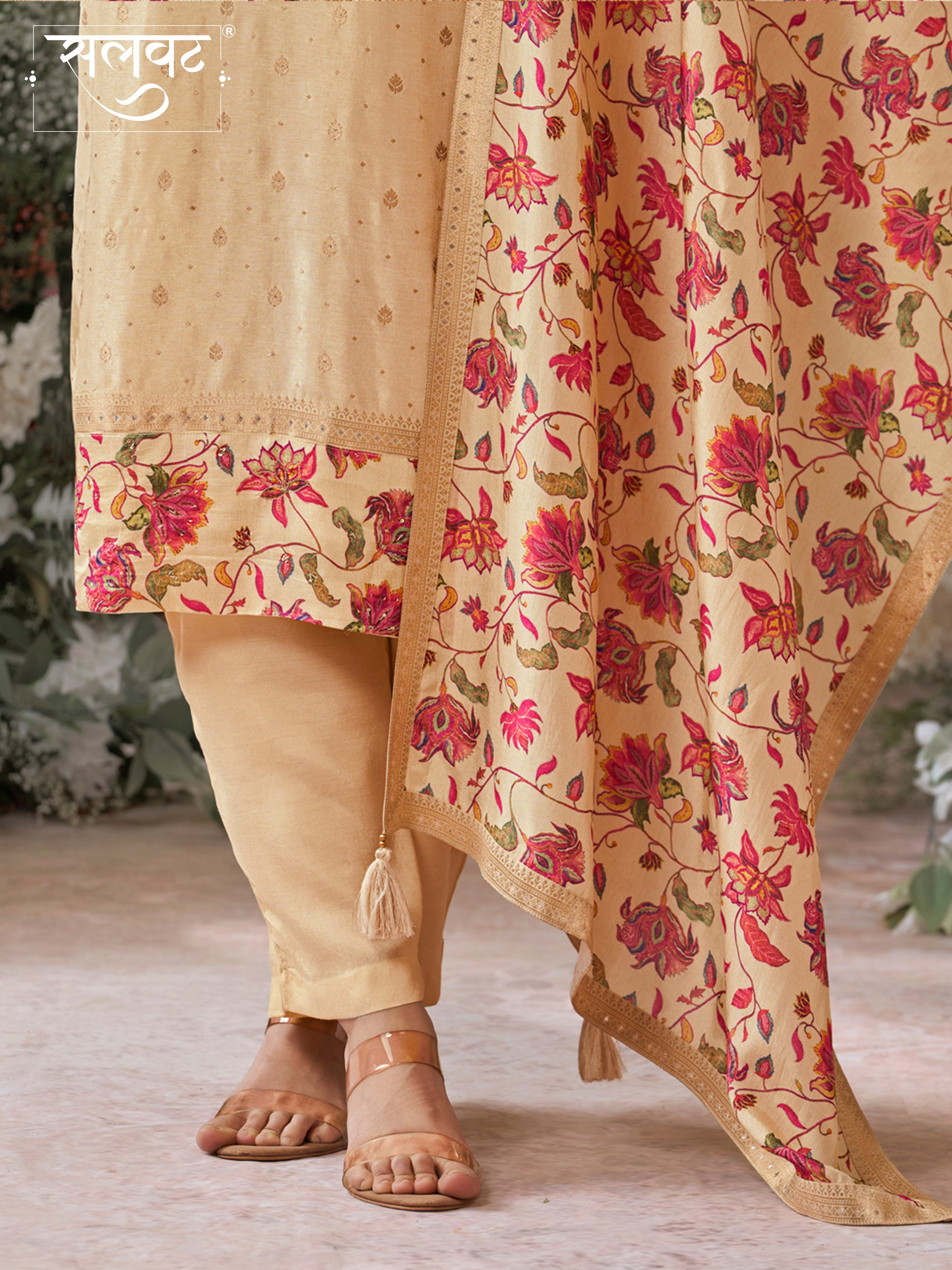 Off White Dola Silk Kurta Set with Jacquard Work, Paired with a Dola Silk Digital Printed Dupatta