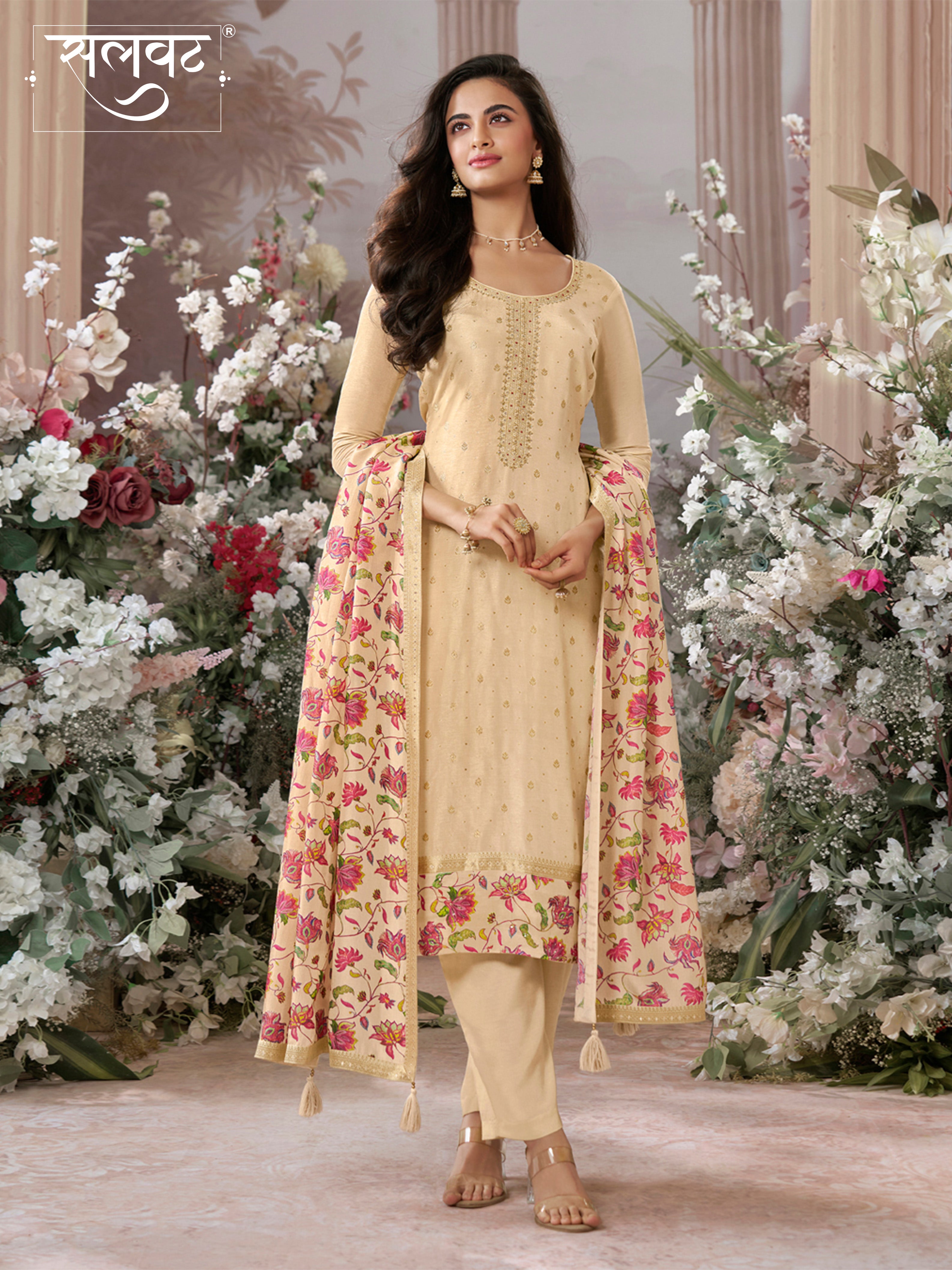 Off White Dola Silk Kurta Set with Jacquard Work, Paired with a Dola Silk Digital Printed Dupatta