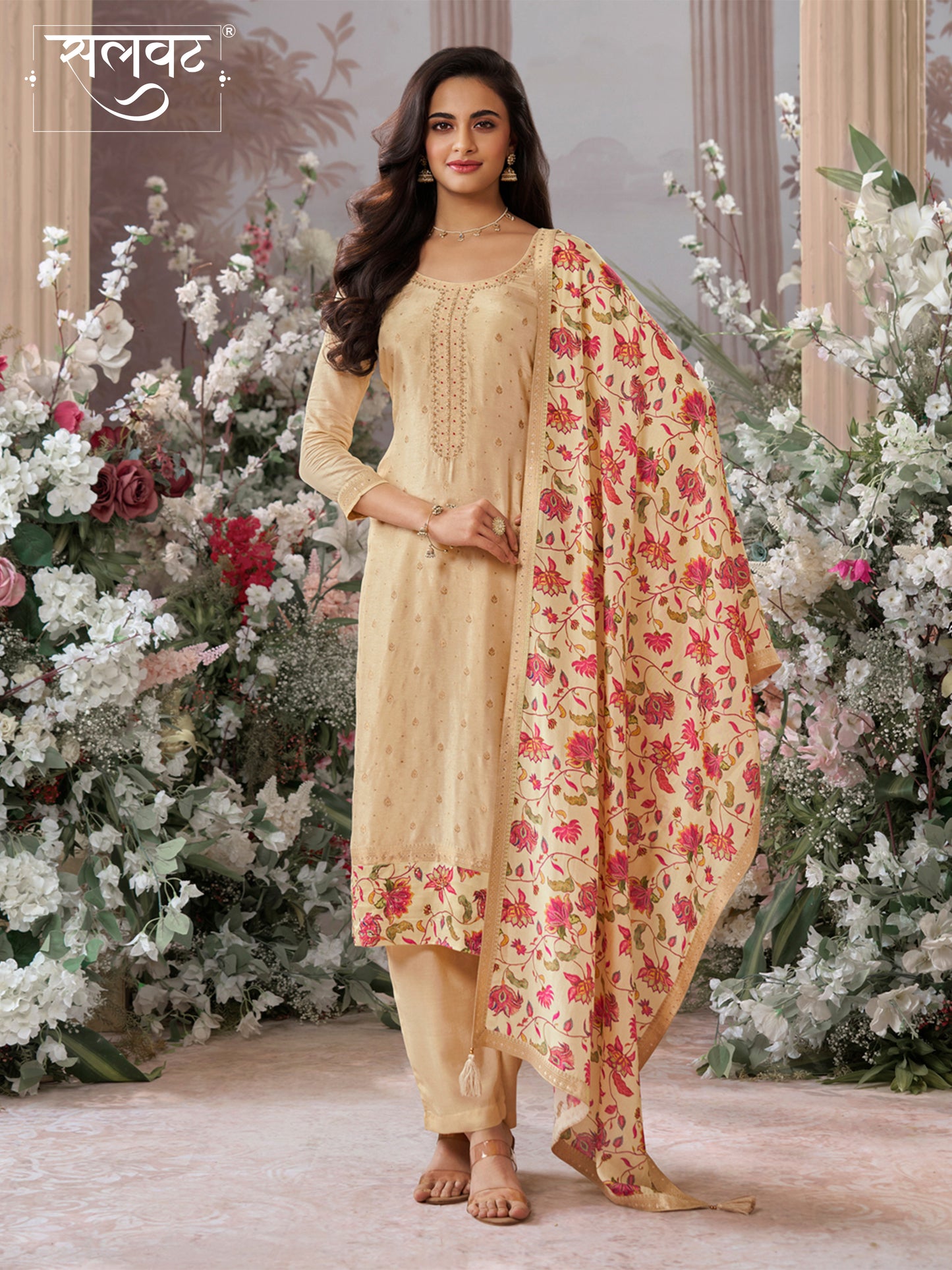 Off White Dola Silk Kurta Set with Jacquard Work, Paired with a Dola Silk Digital Printed Dupatta