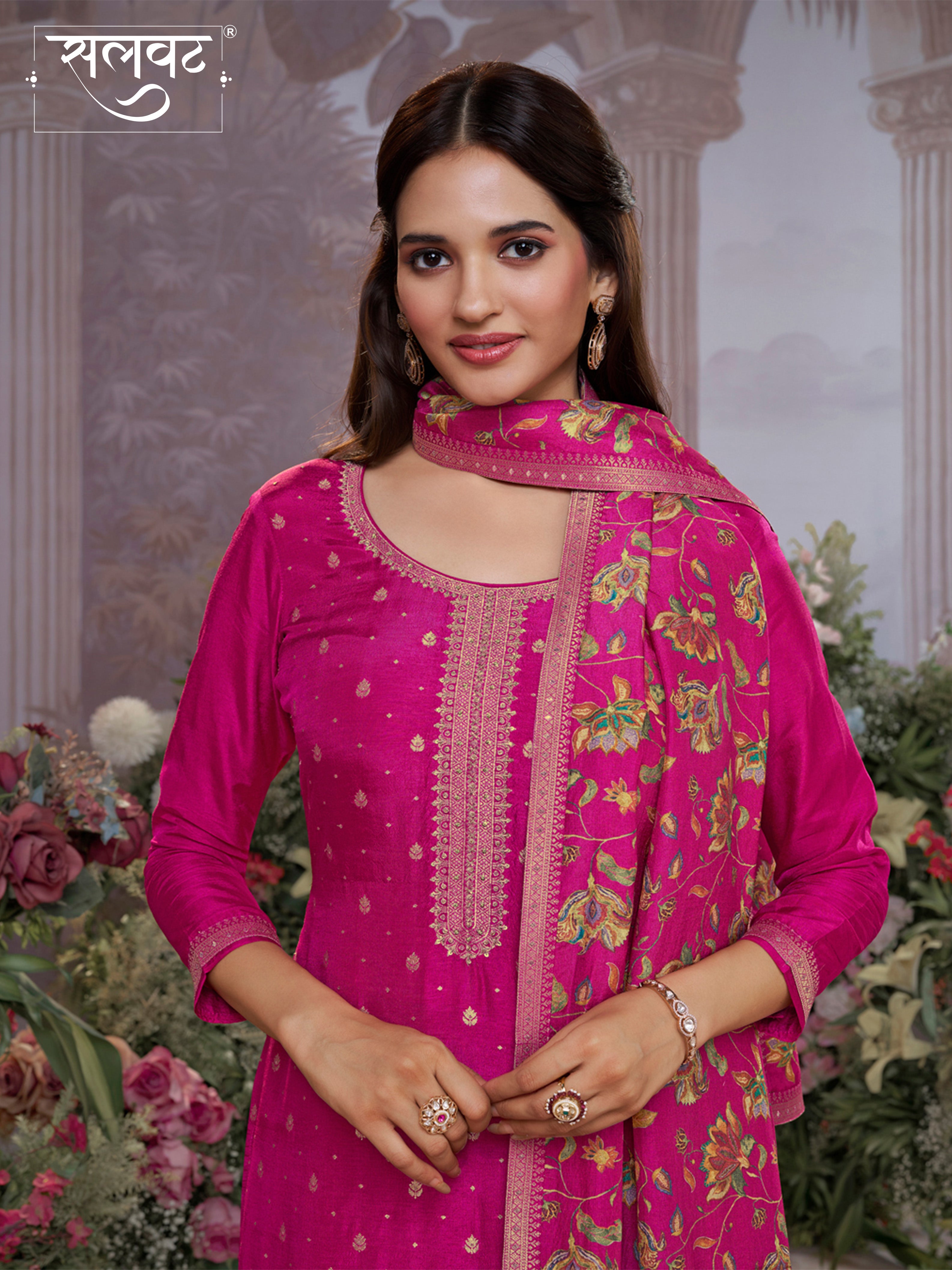 Pink Dola Silk Kurta Set with Jacquard Work, Paired with a Dola Silk Digital Printed Dupatta