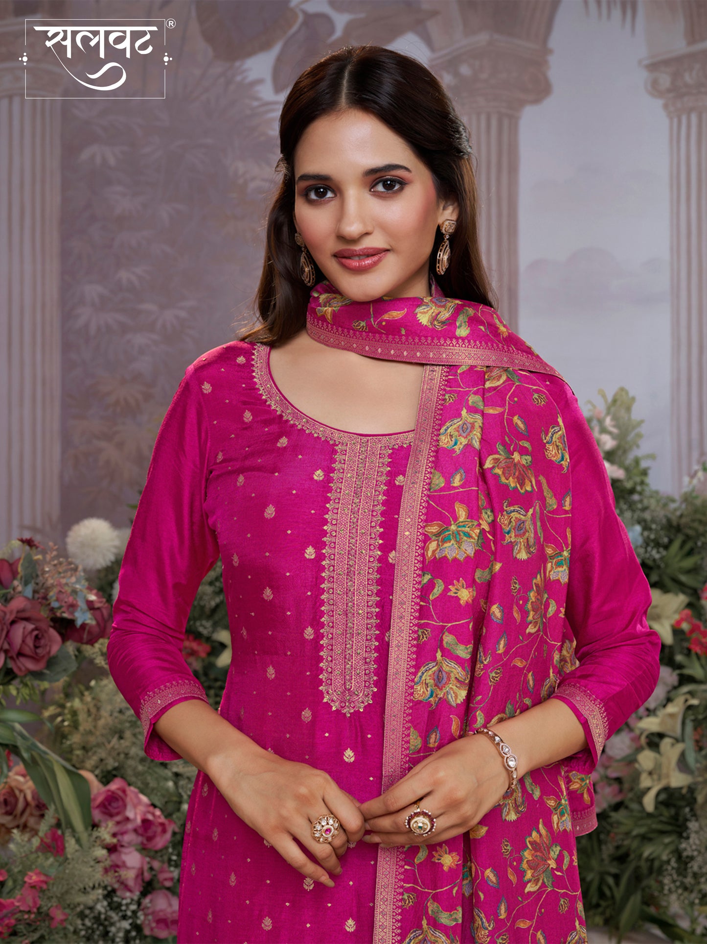 Pink Dola Silk Kurta Set with Jacquard Work, Paired with a Dola Silk Digital Printed Dupatta