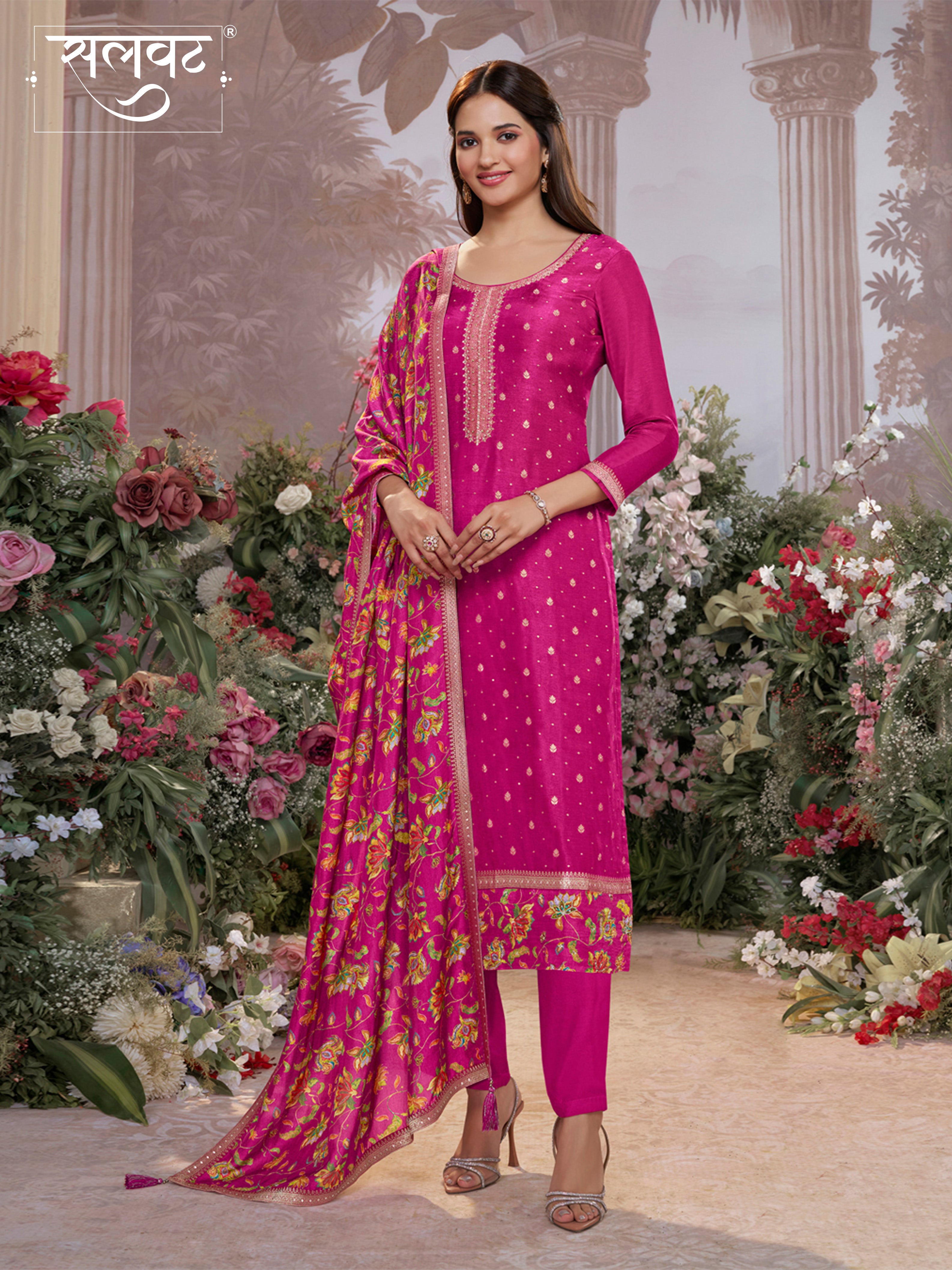 Pink Dola Silk Kurta Set with Jacquard Work, Paired with a Dola Silk Digital Printed Dupatta