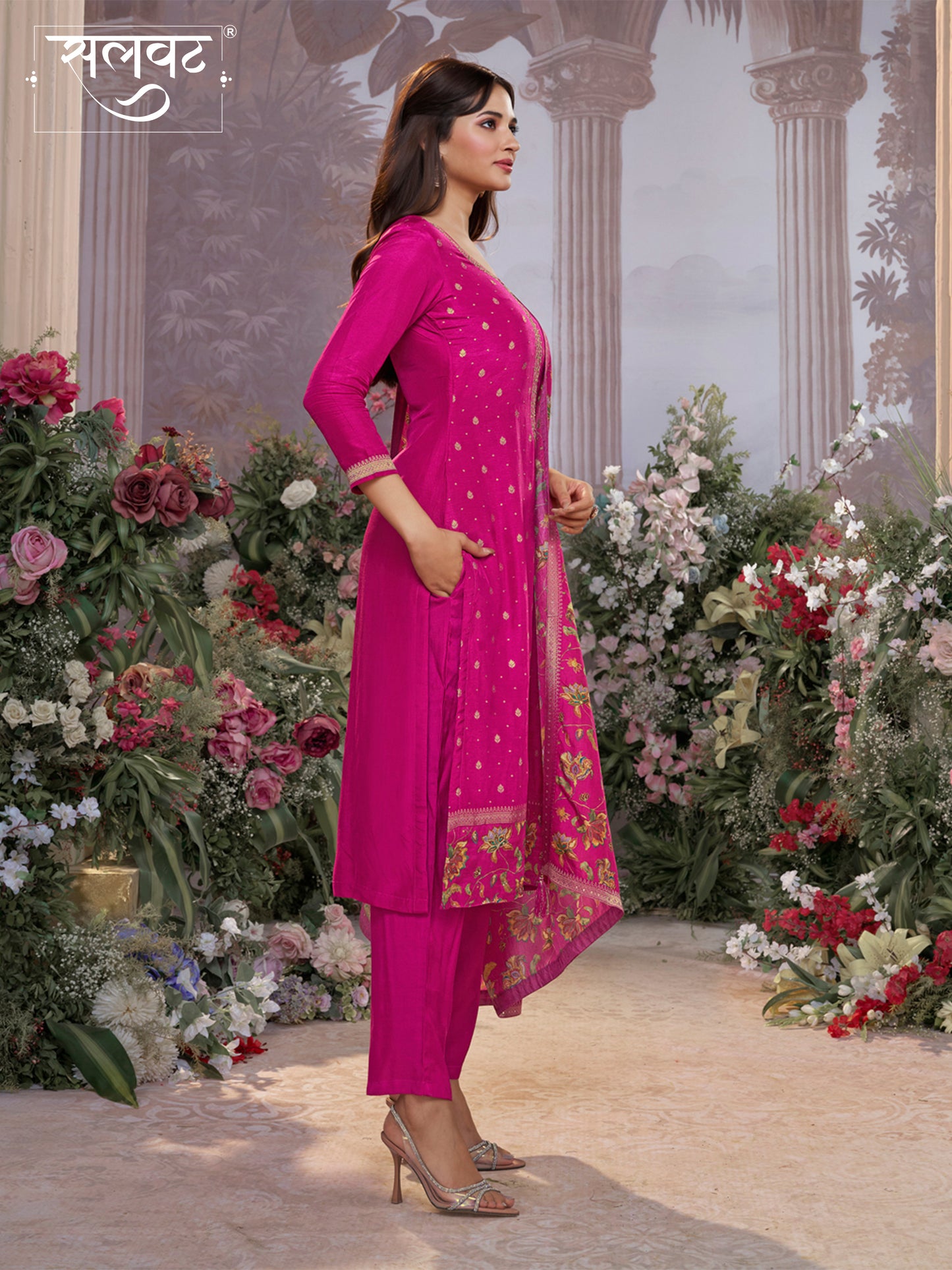 Pink Dola Silk Kurta Set with Jacquard Work, Paired with a Dola Silk Digital Printed Dupatta