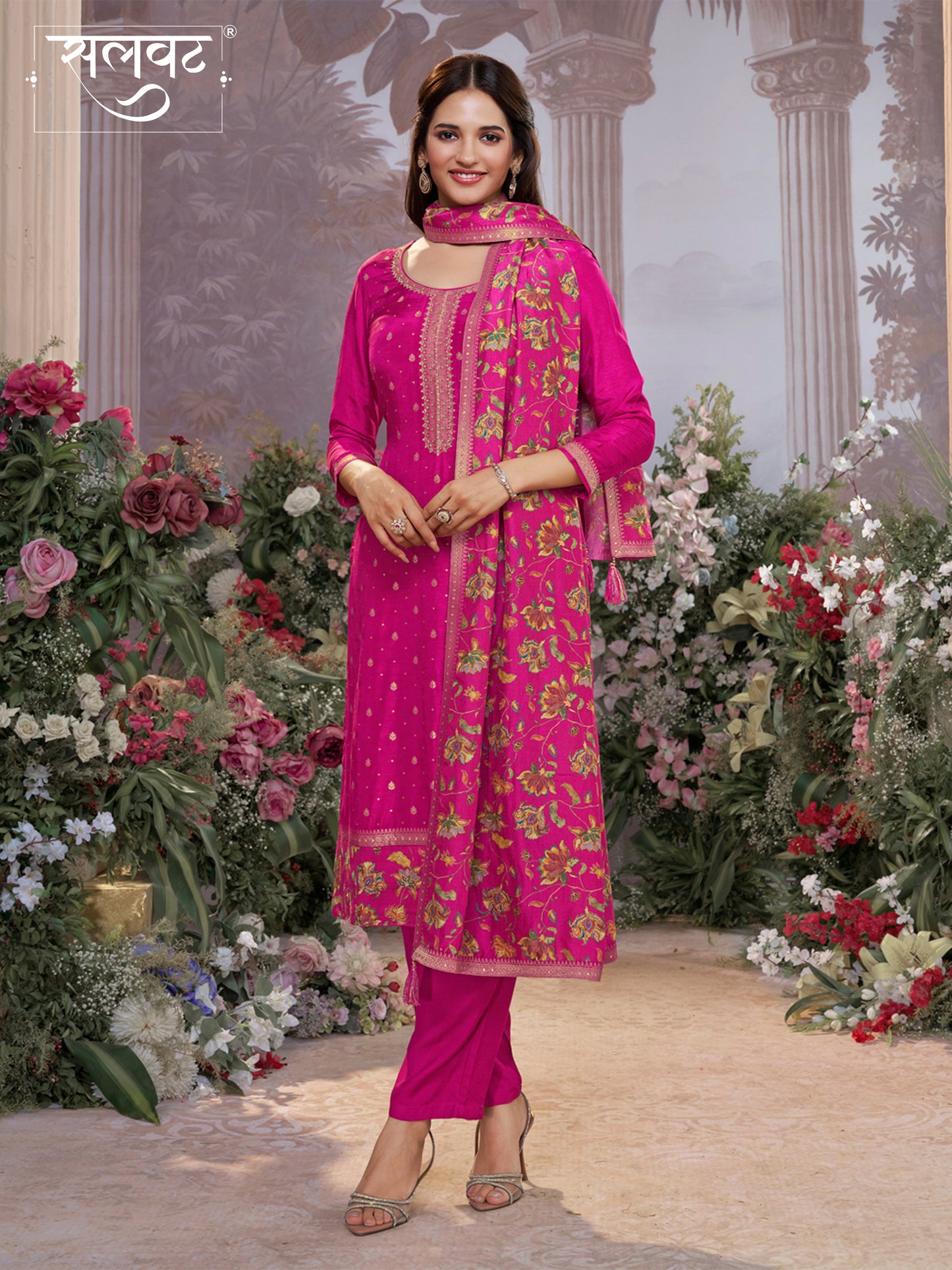 Pink Dola Silk Kurta Set with Jacquard Work, Paired with a Dola Silk Digital Printed Dupatta