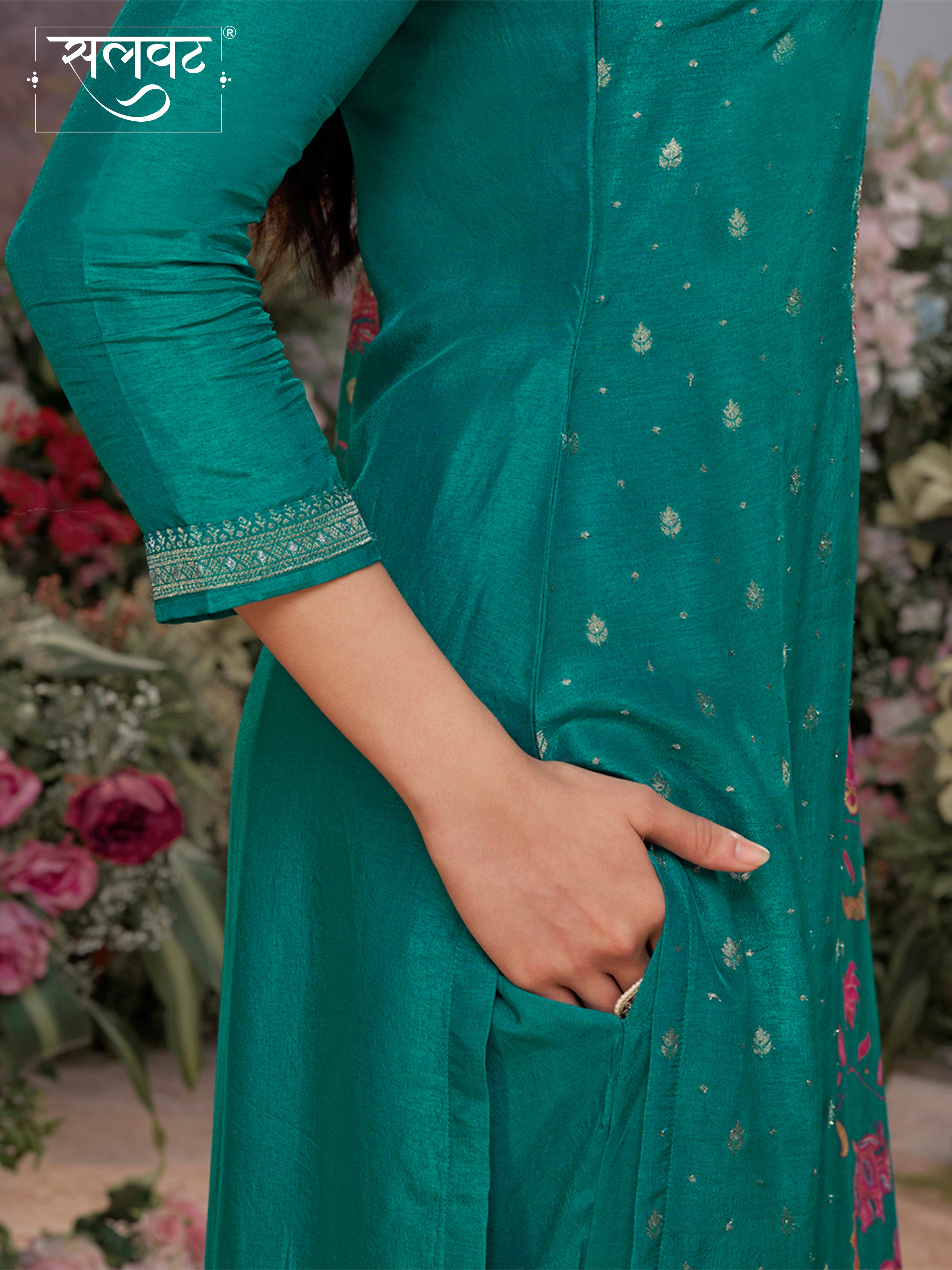 Green Dola Silk Kurta Set with Jacquard Work, Paired with a Dola Silk Digital Printed Dupatta