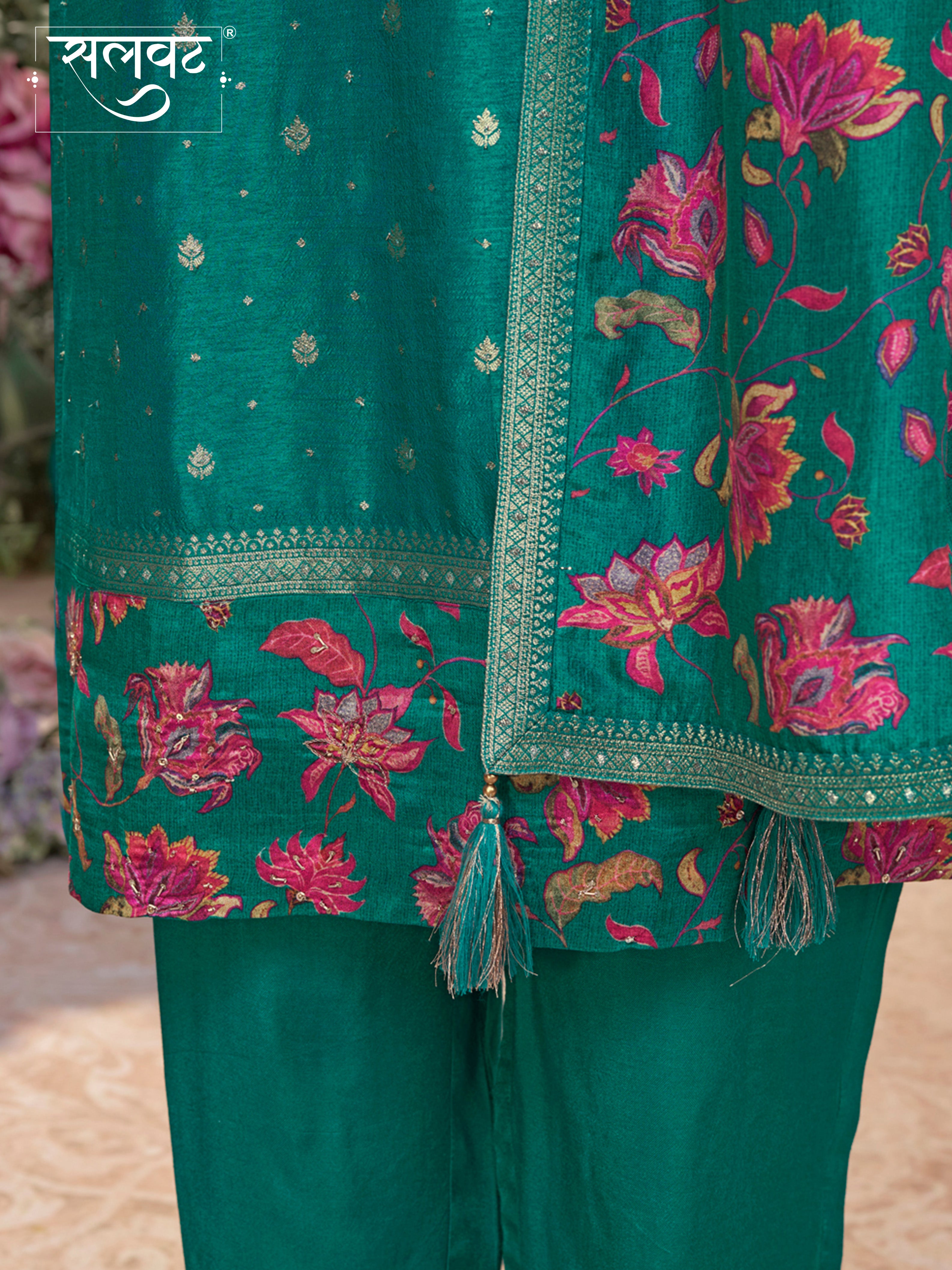 Green Dola Silk Kurta Set with Jacquard Work, Paired with a Dola Silk Digital Printed Dupatta