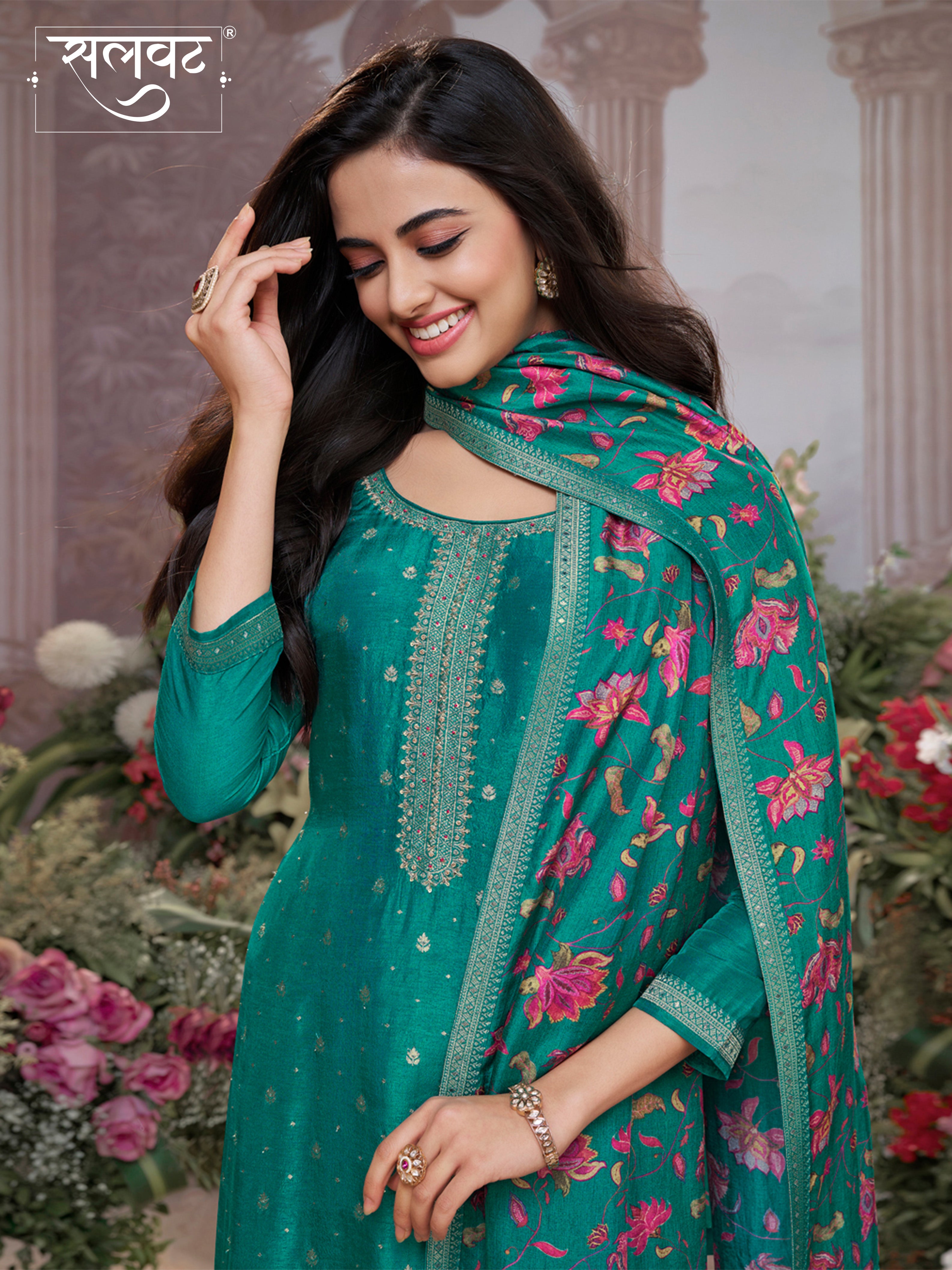 Green Dola Silk Kurta Set with Jacquard Work, Paired with a Dola Silk Digital Printed Dupatta