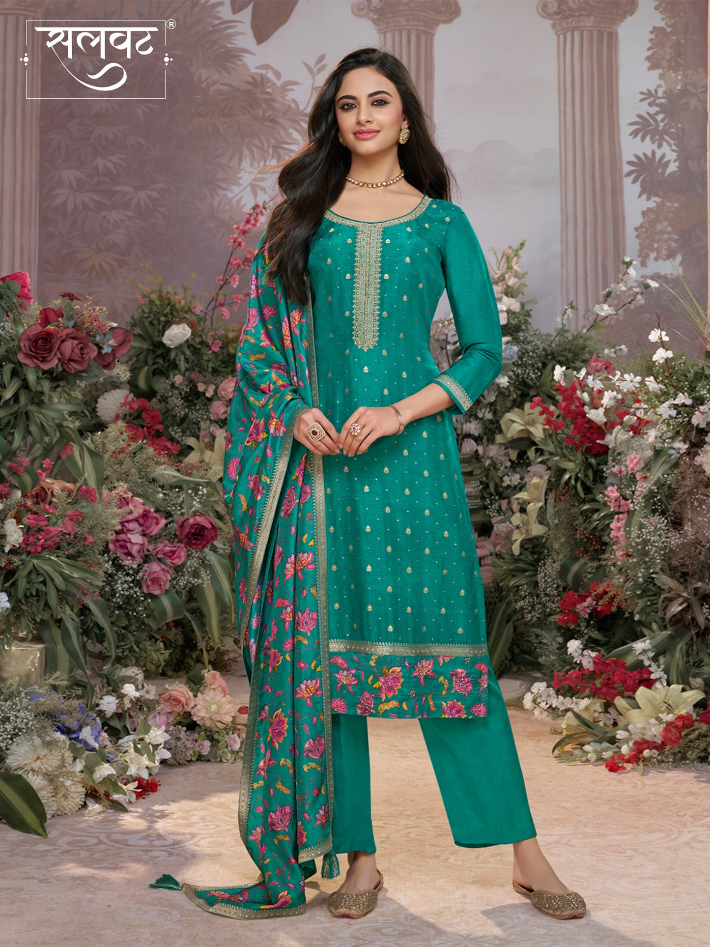 Green Dola Silk Kurta Set with Jacquard Work, Paired with a Dola Silk Digital Printed Dupatta