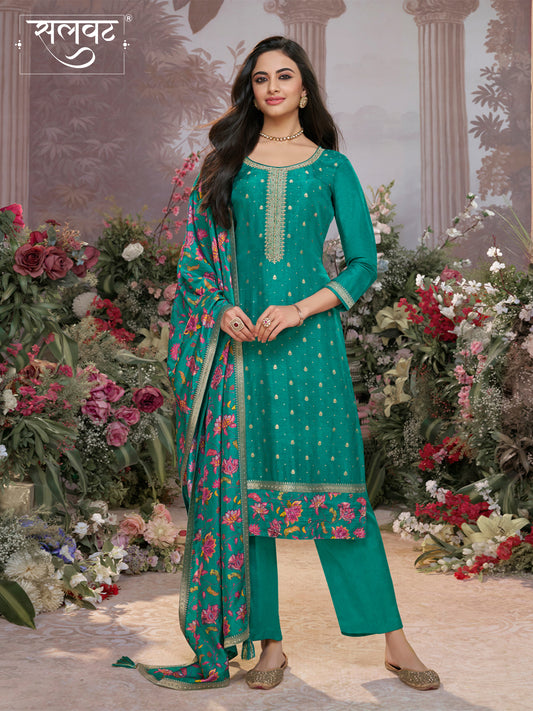 Green Dola Silk Kurta Set with Jacquard Work, Paired with a Dola Silk Digital Printed Dupatta