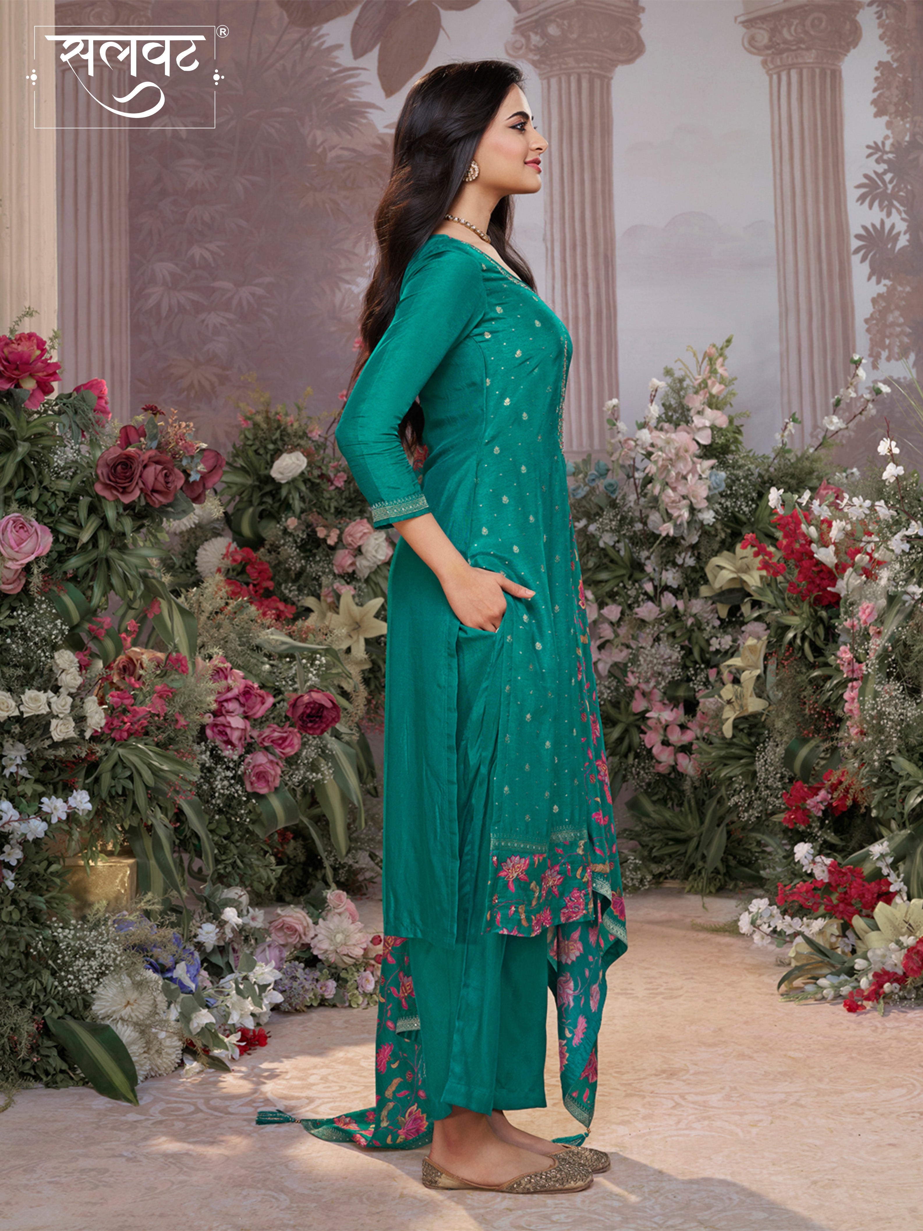 Green Dola Silk Kurta Set with Jacquard Work, Paired with a Dola Silk Digital Printed Dupatta