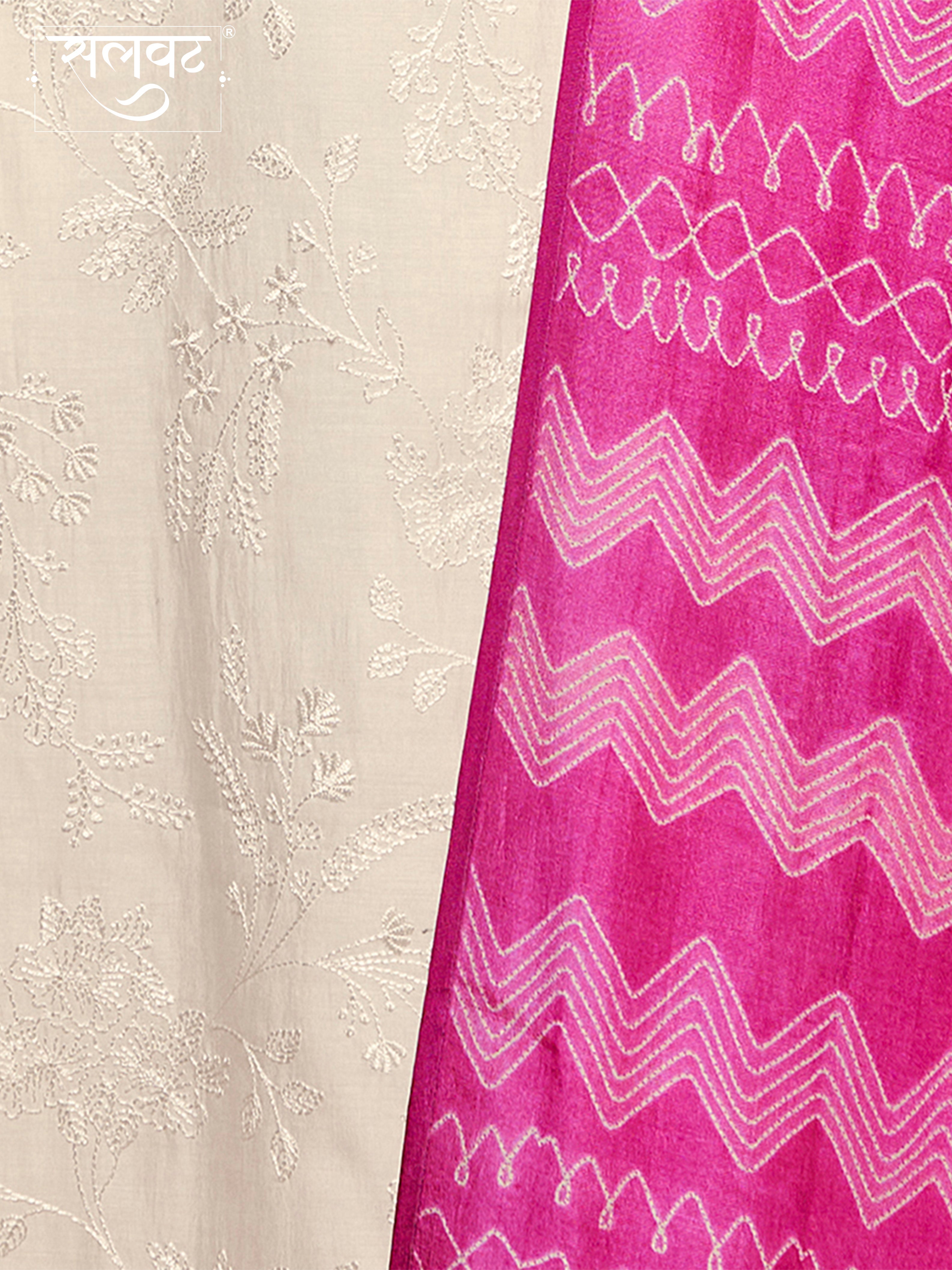 Off-White Viscose Thread Work Kurta Suit Set Paired with Digital Printed Pink Contrast Dupatta