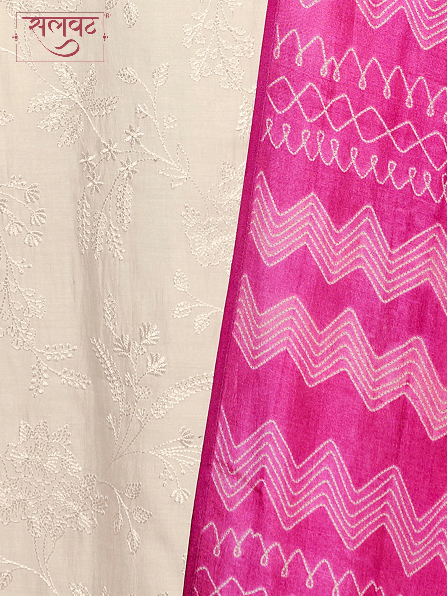 Off-White Viscose Thread Work Kurta Suit Set Paired with Digital Printed Pink Contrast Dupatta