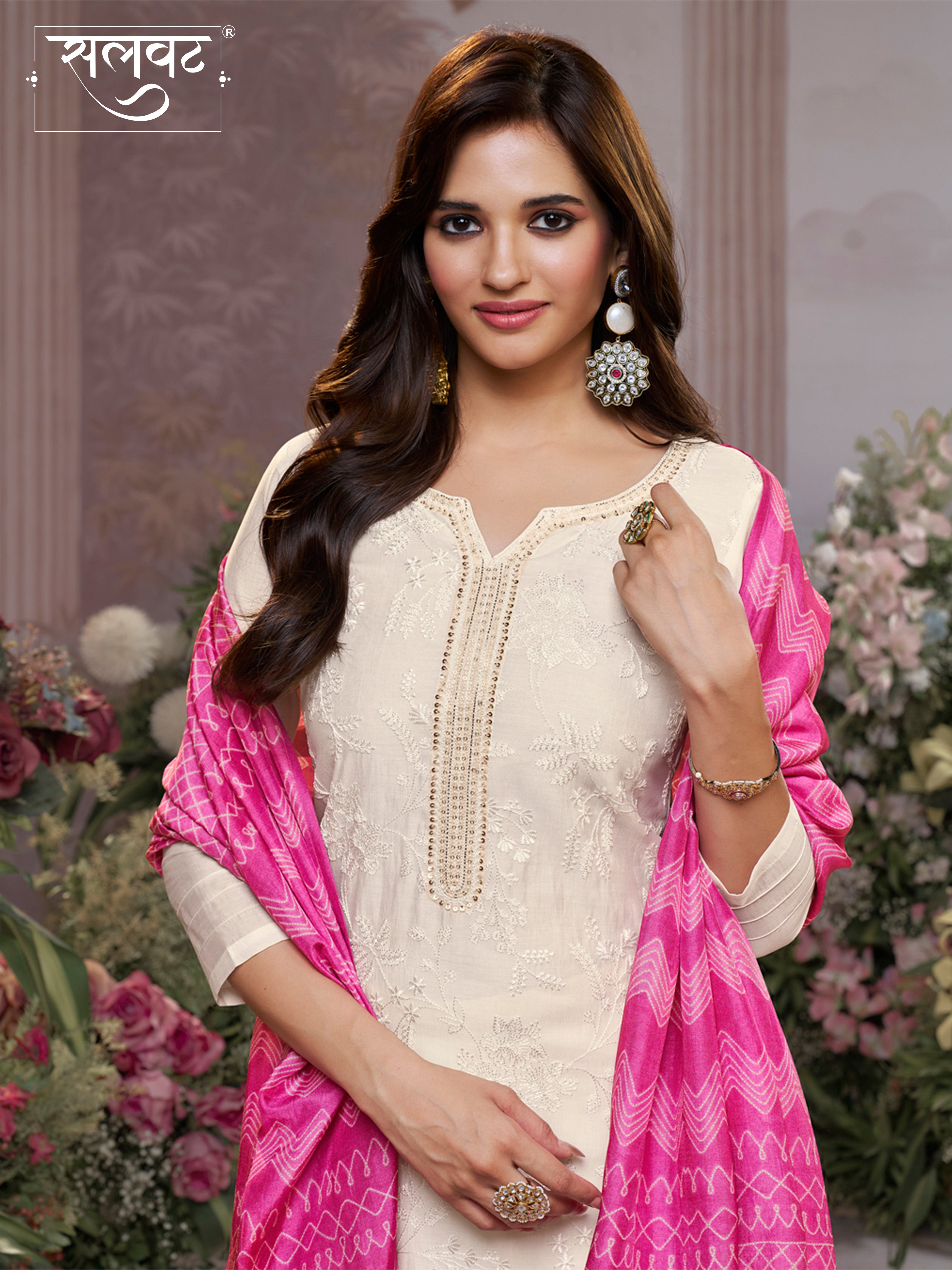 Off-White Viscose Thread Work Kurta Suit Set Paired with Digital Printed Pink Contrast Dupatta