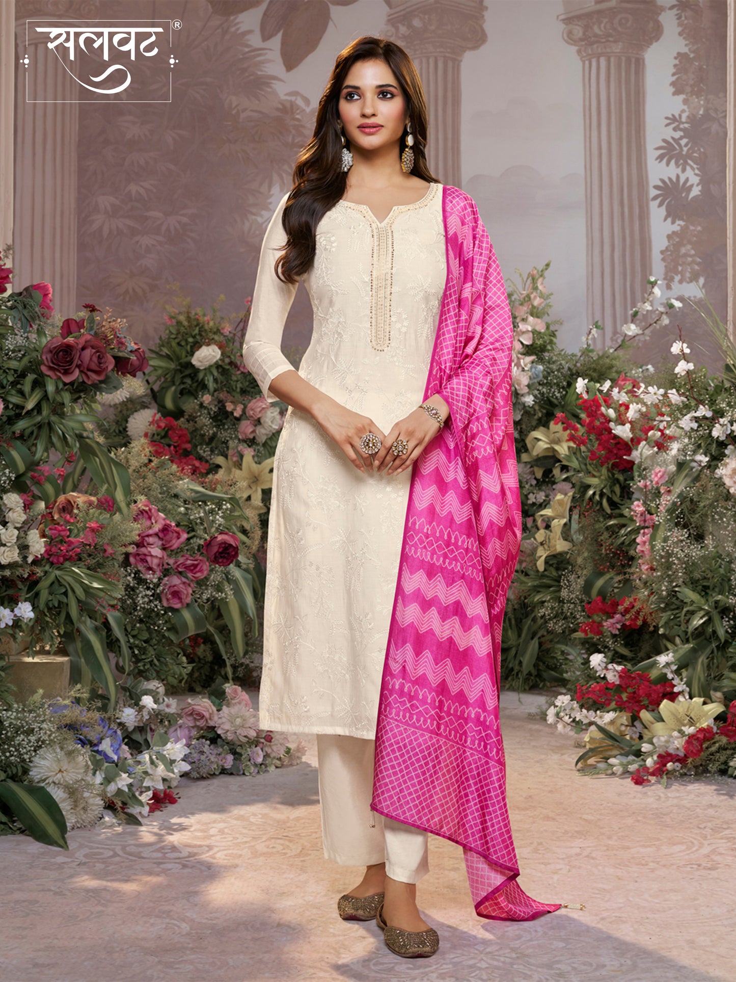Off-White Viscose Thread Work Kurta Suit Set Paired with Digital Printed Pink Contrast Dupatta