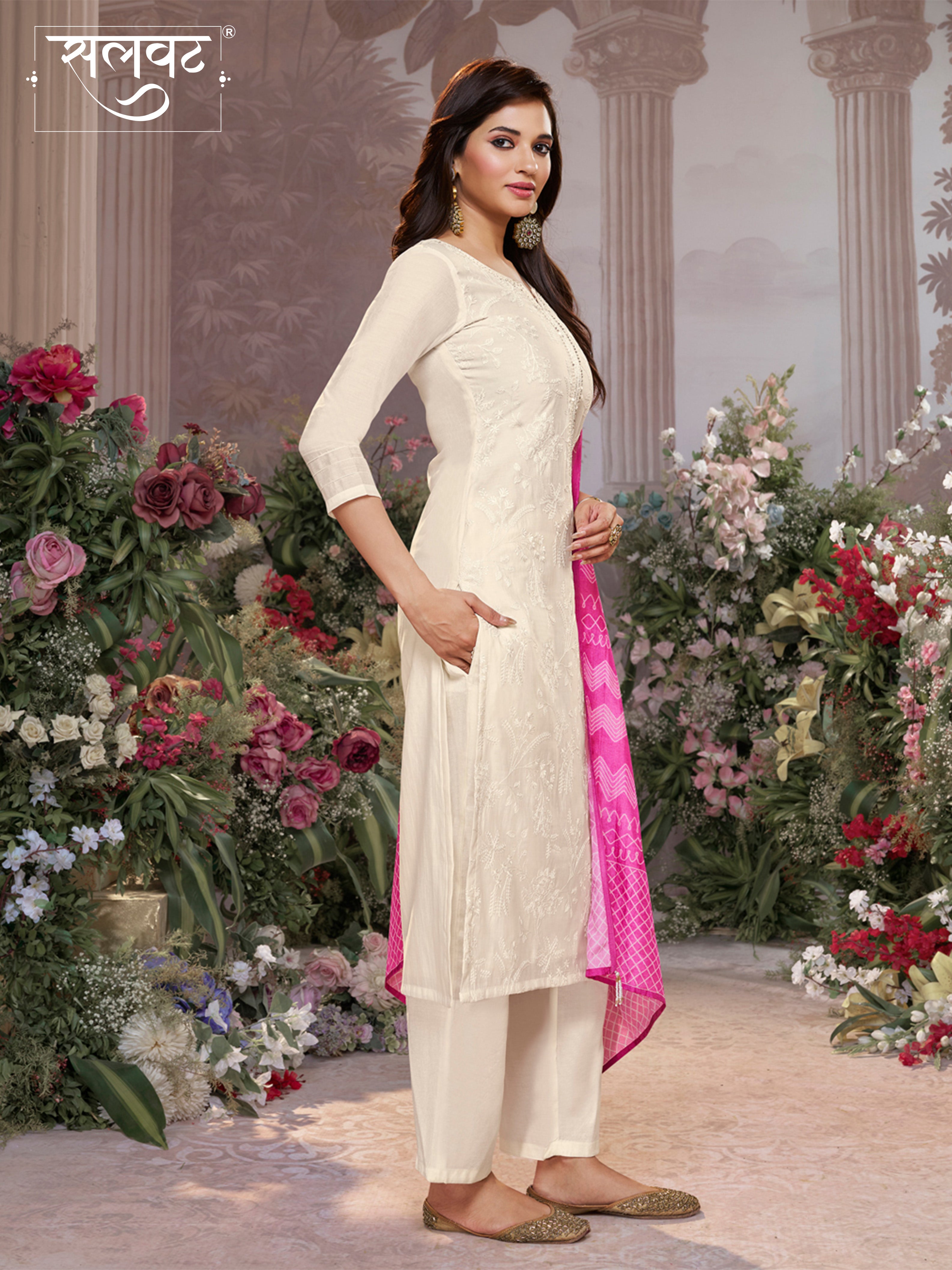 Off-White Viscose Thread Work Kurta Suit Set Paired with Digital Printed Pink Contrast Dupatta