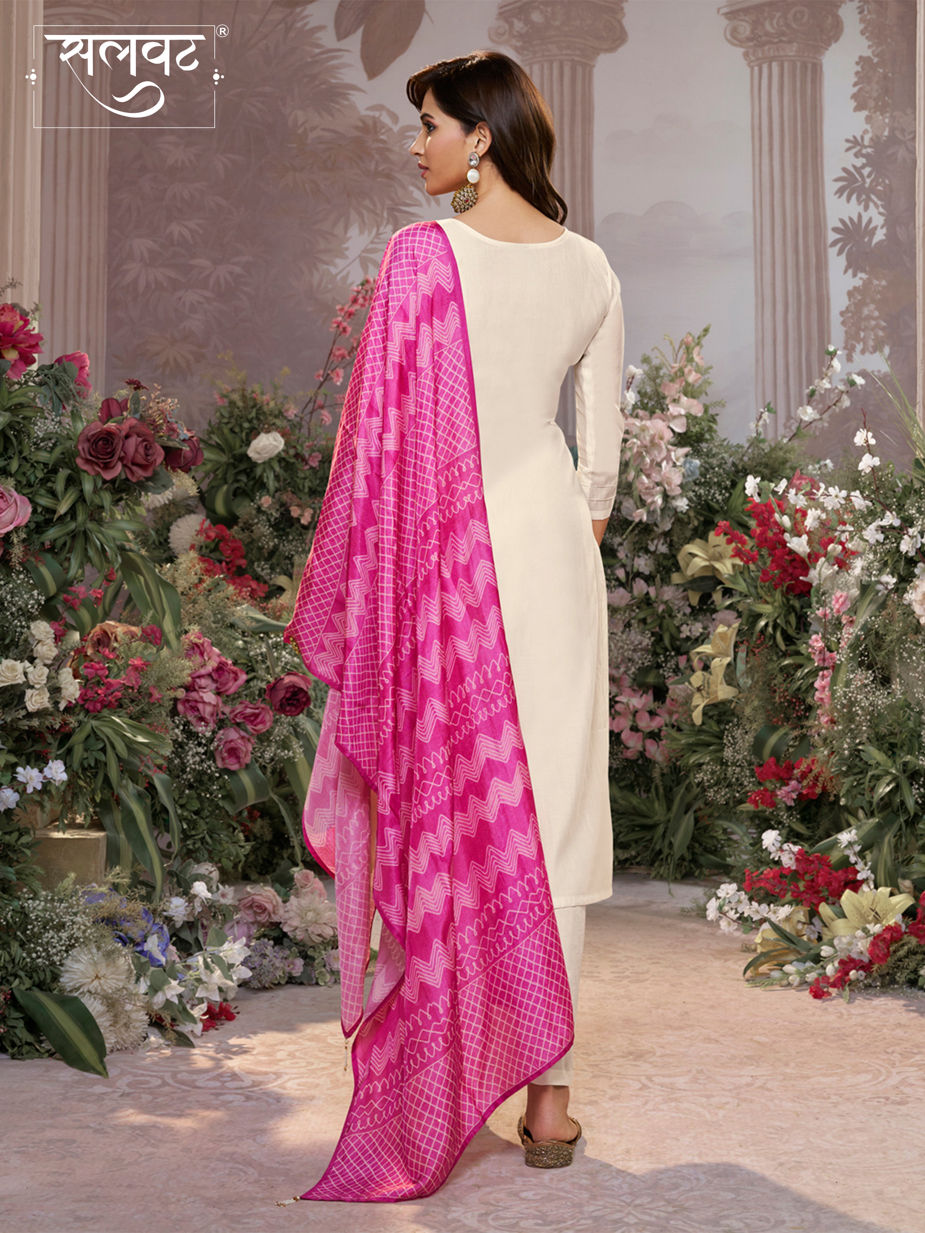 Off-White Viscose Thread Work Kurta Suit Set Paired with Digital Printed Pink Contrast Dupatta