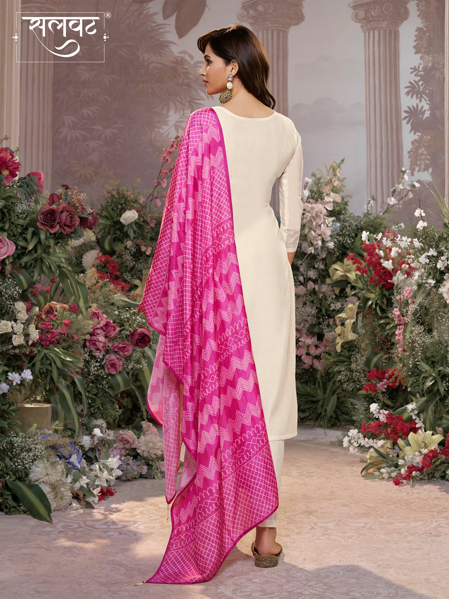 Off-White Viscose Thread Work Kurta Suit Set Paired with Digital Printed Pink Contrast Dupatta