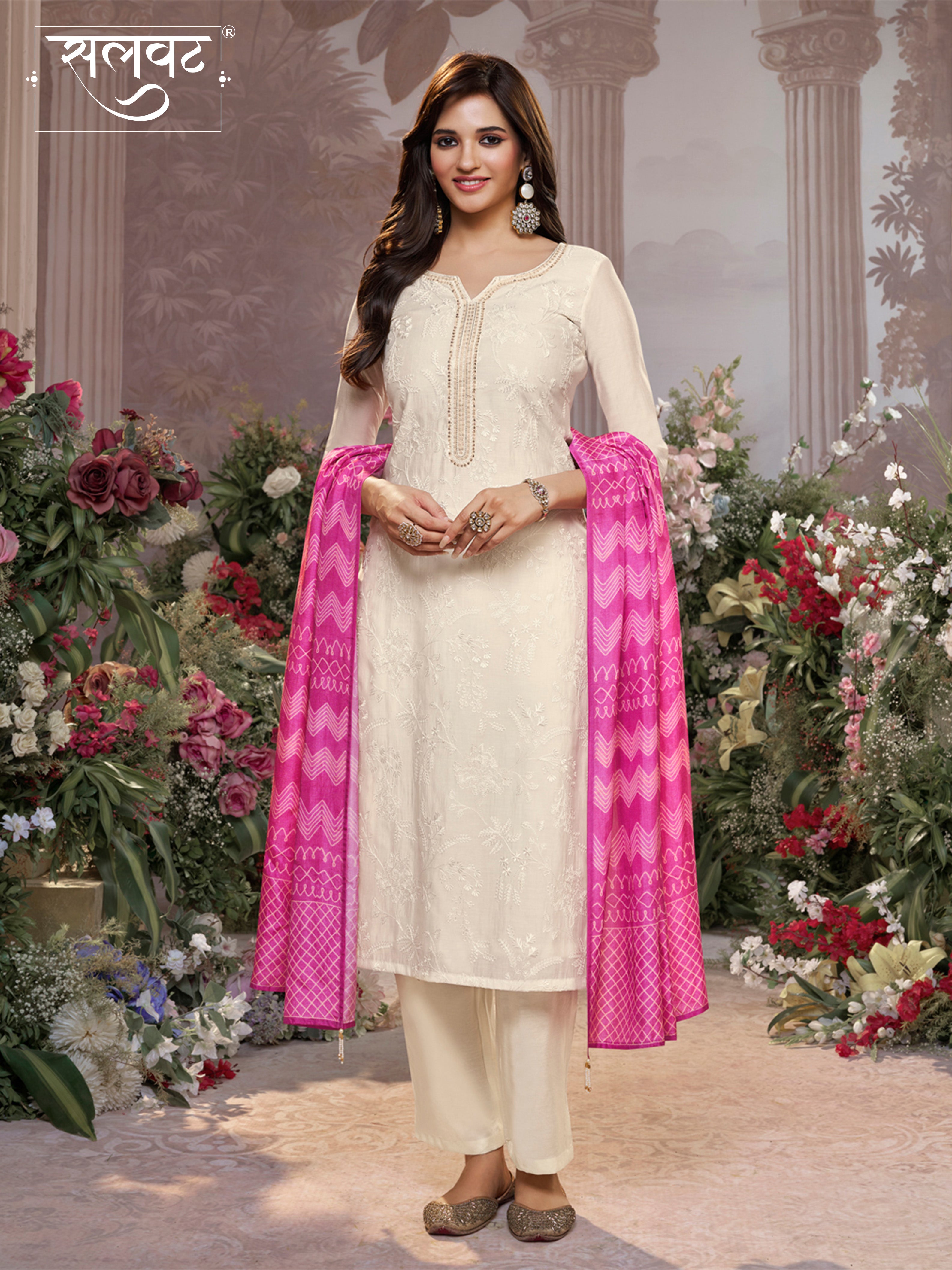 Off-White Viscose Thread Work Kurta Suit Set Paired with Digital Printed Pink Contrast Dupatta