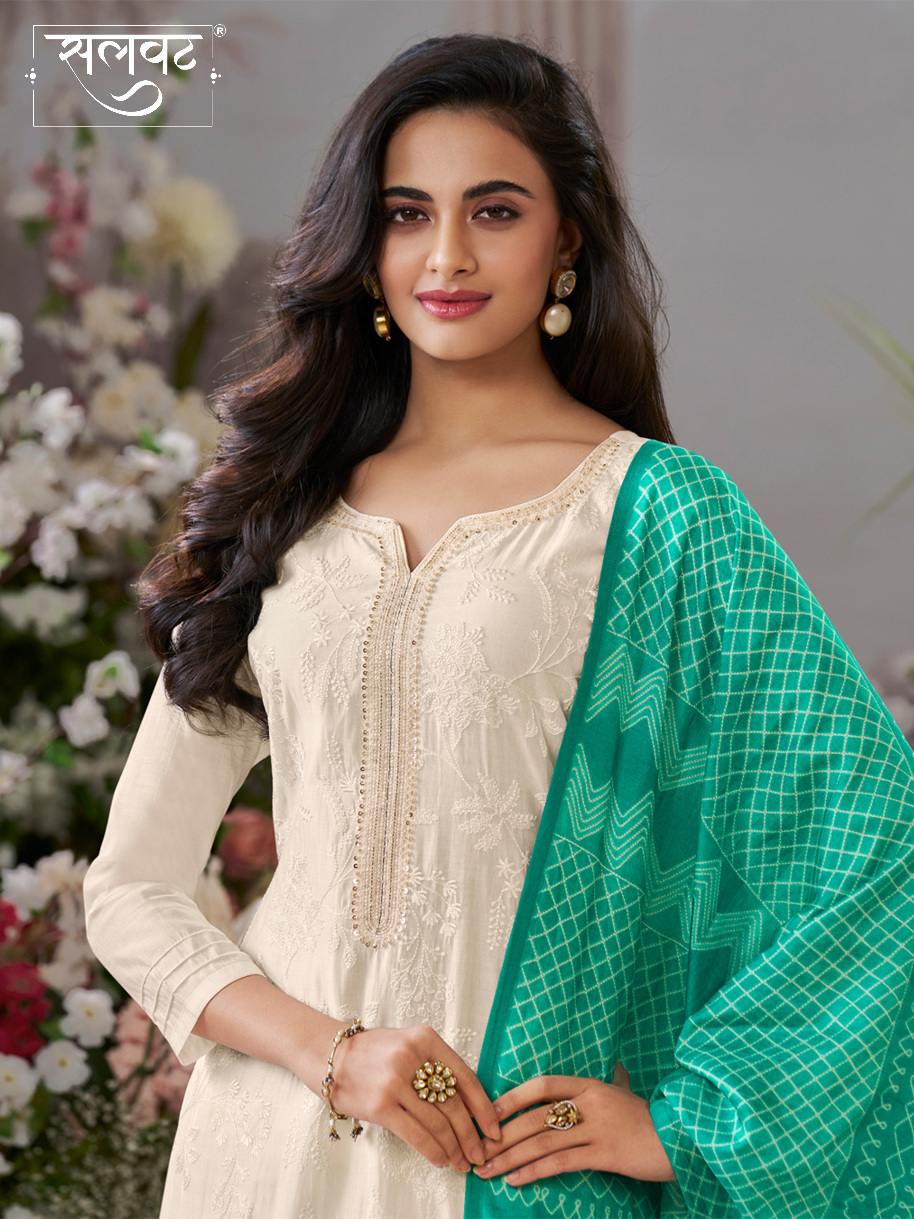 Off-White Viscose Thread Work Kurta Suit Set Paired with Digital Printed Contrast Dupatta