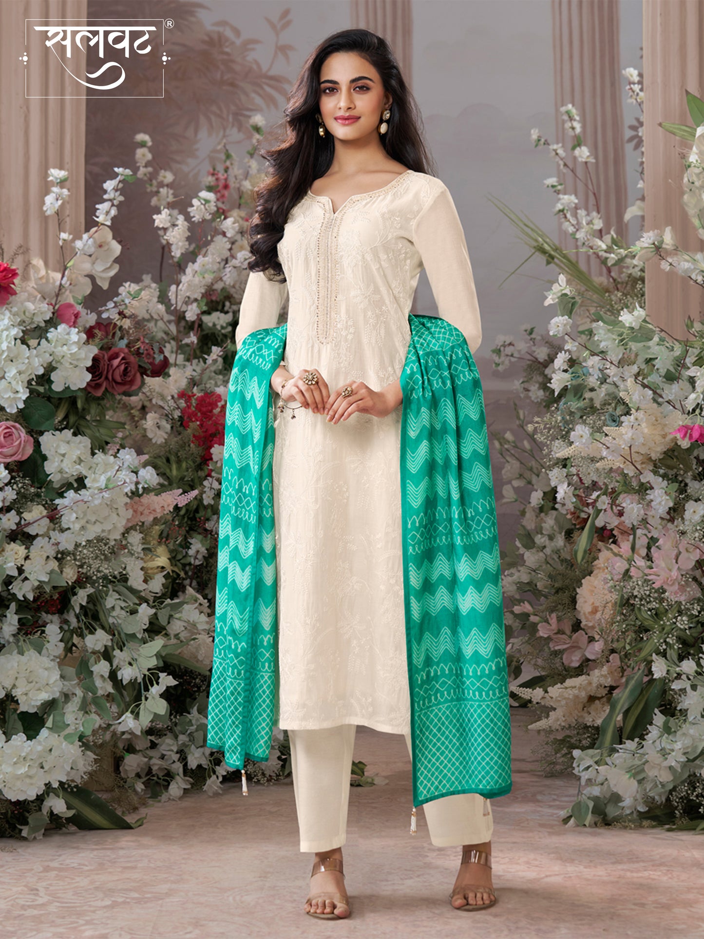 Off-White Viscose Thread Work Kurta Suit Set Paired with Digital Printed Contrast Dupatta