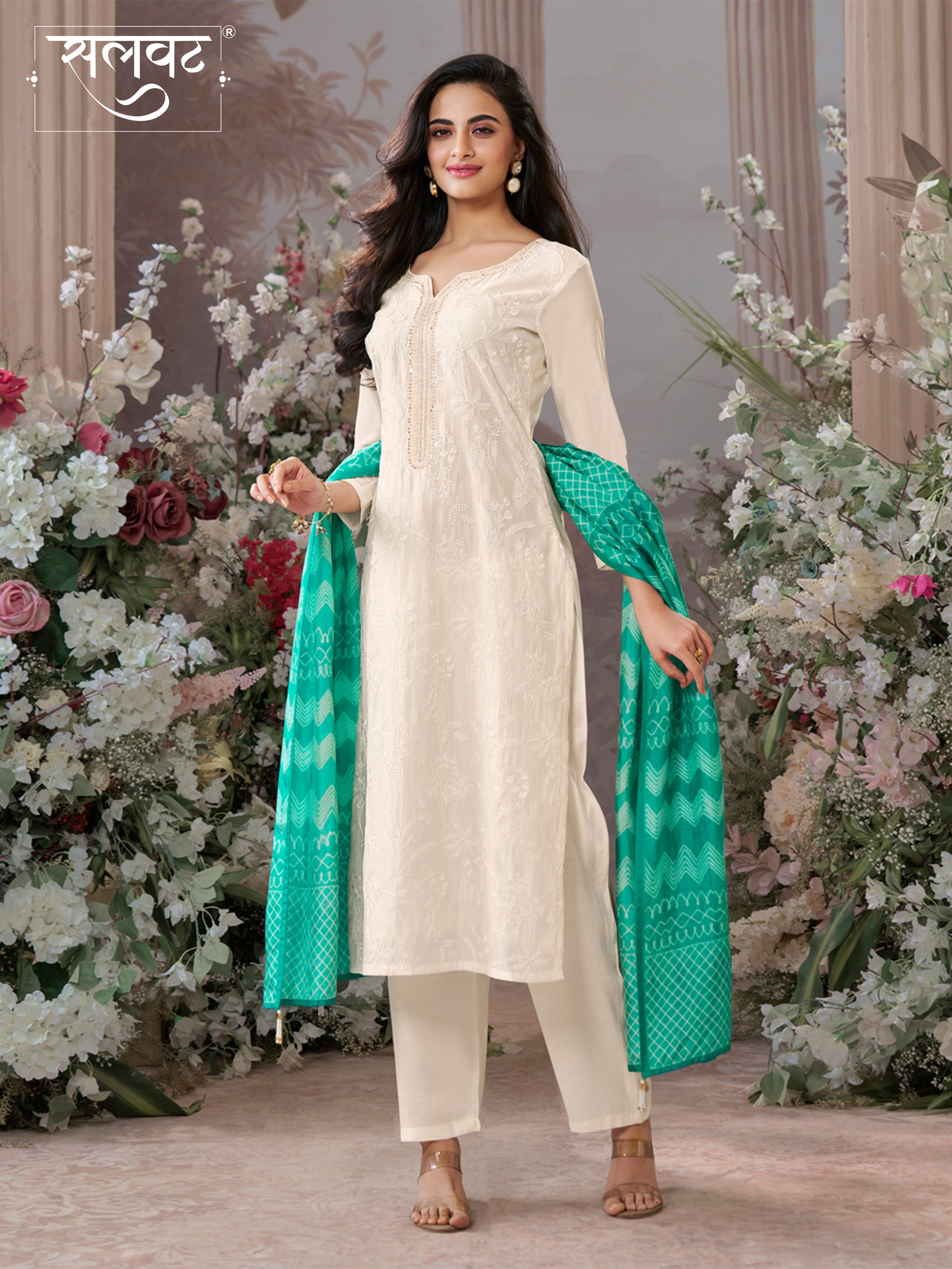 Off-White Viscose Thread Work Kurta Suit Set Paired with Digital Printed Contrast Dupatta