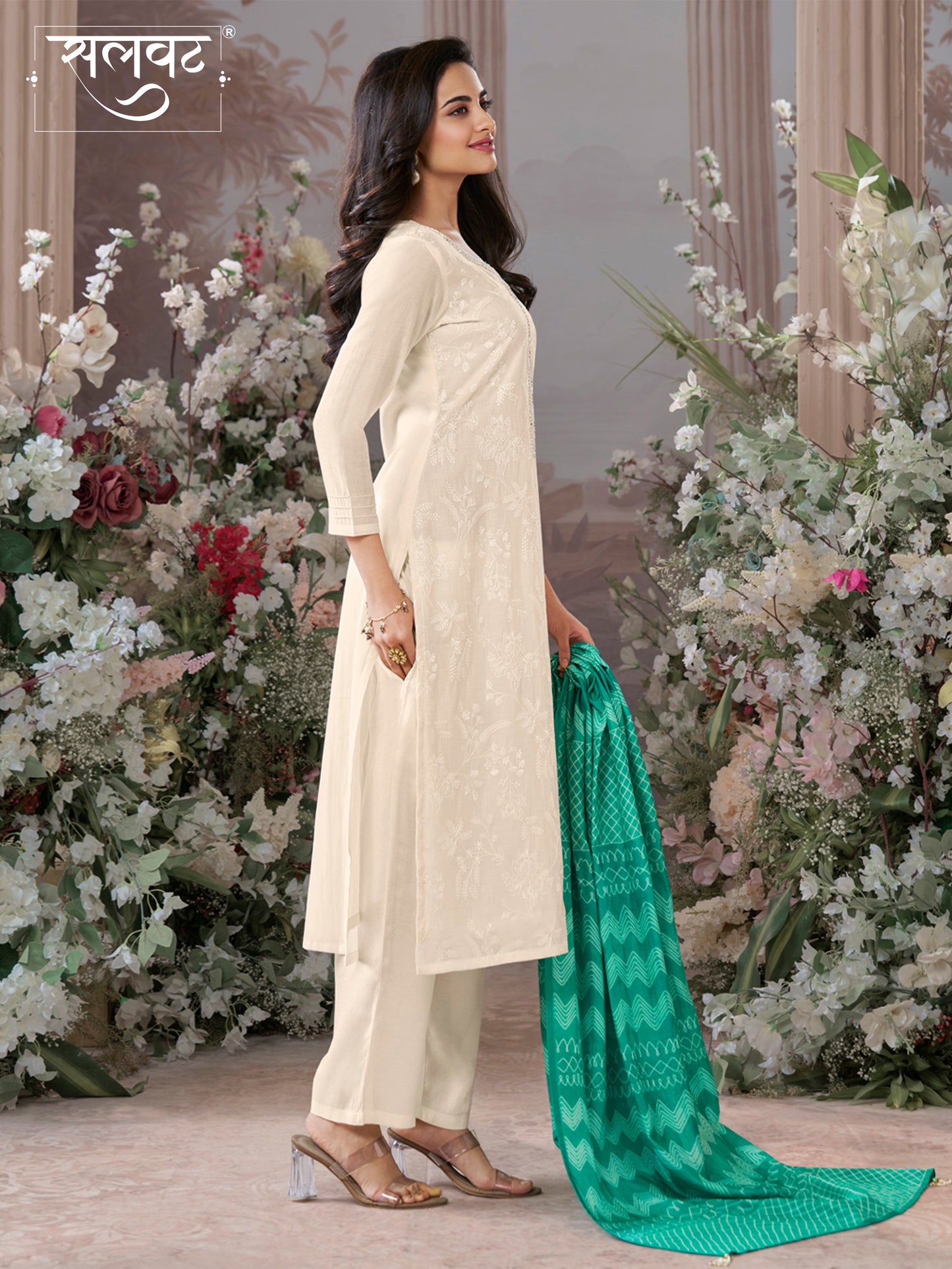 Off-White Viscose Thread Work Kurta Suit Set Paired with Digital Printed Contrast Dupatta