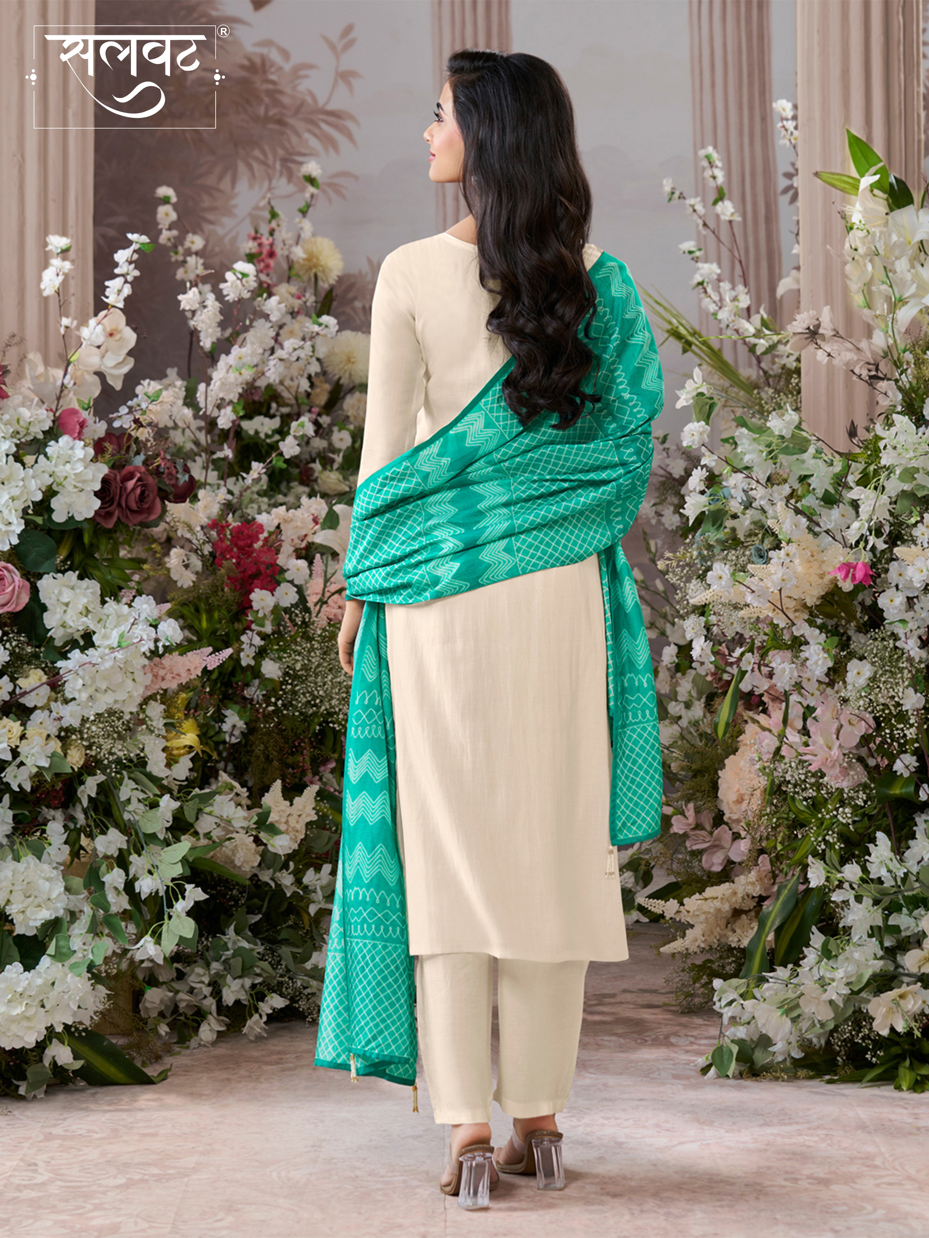 Off-White Viscose Thread Work Kurta Suit Set Paired with Digital Printed Contrast Dupatta