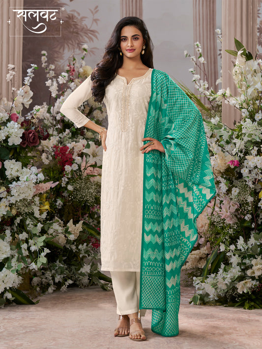 Off-White Viscose Thread Work Kurta Suit Set Paired with Digital Printed Contrast Dupatta