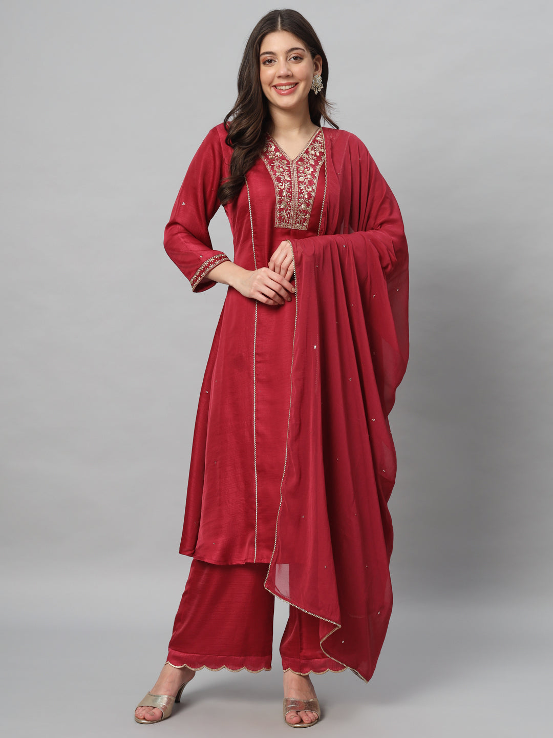 Maroon Embroidery Viscose Kurta Sets