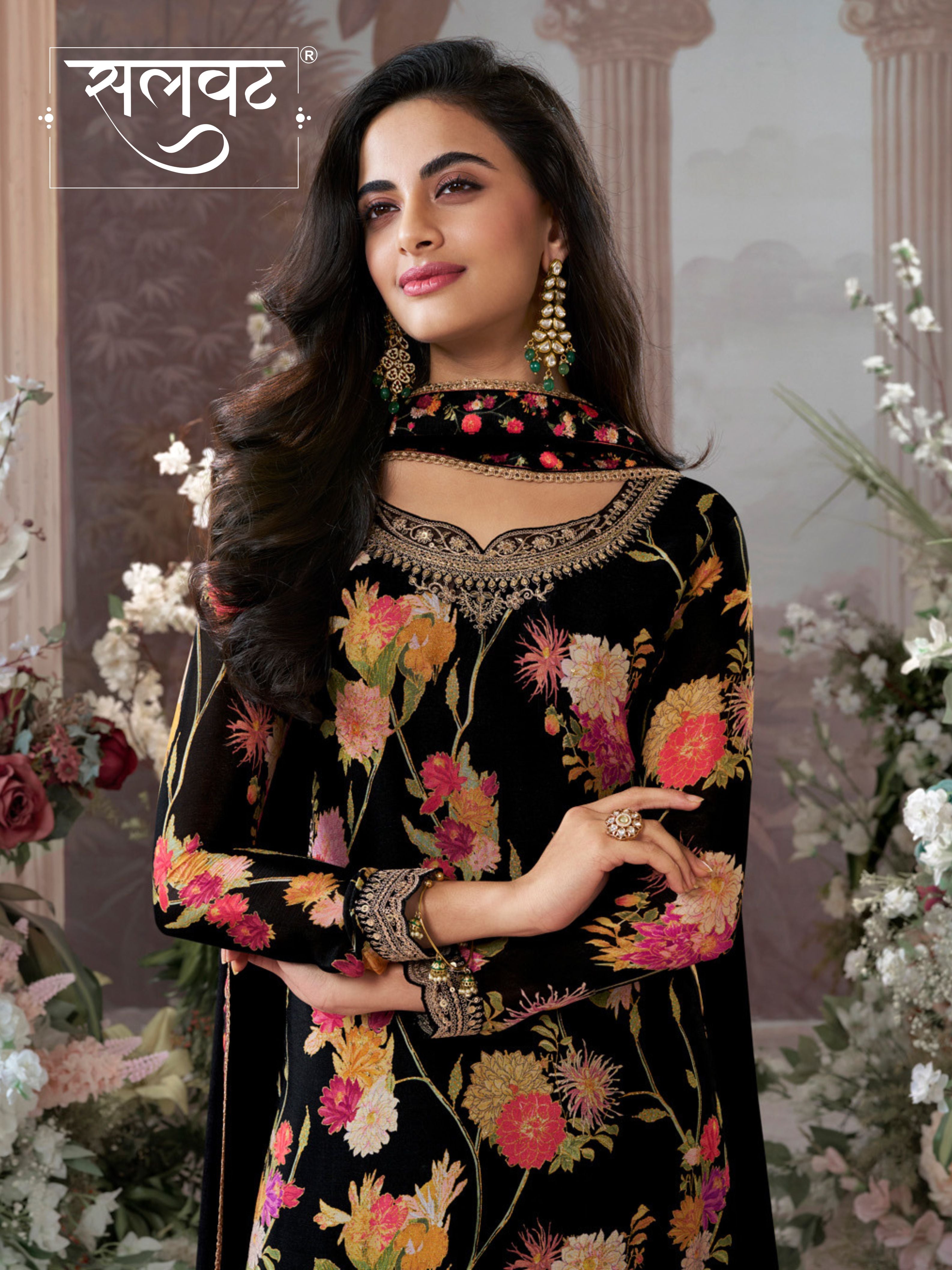 Black Chinon Sharara Set with Floral Print and Embroidery