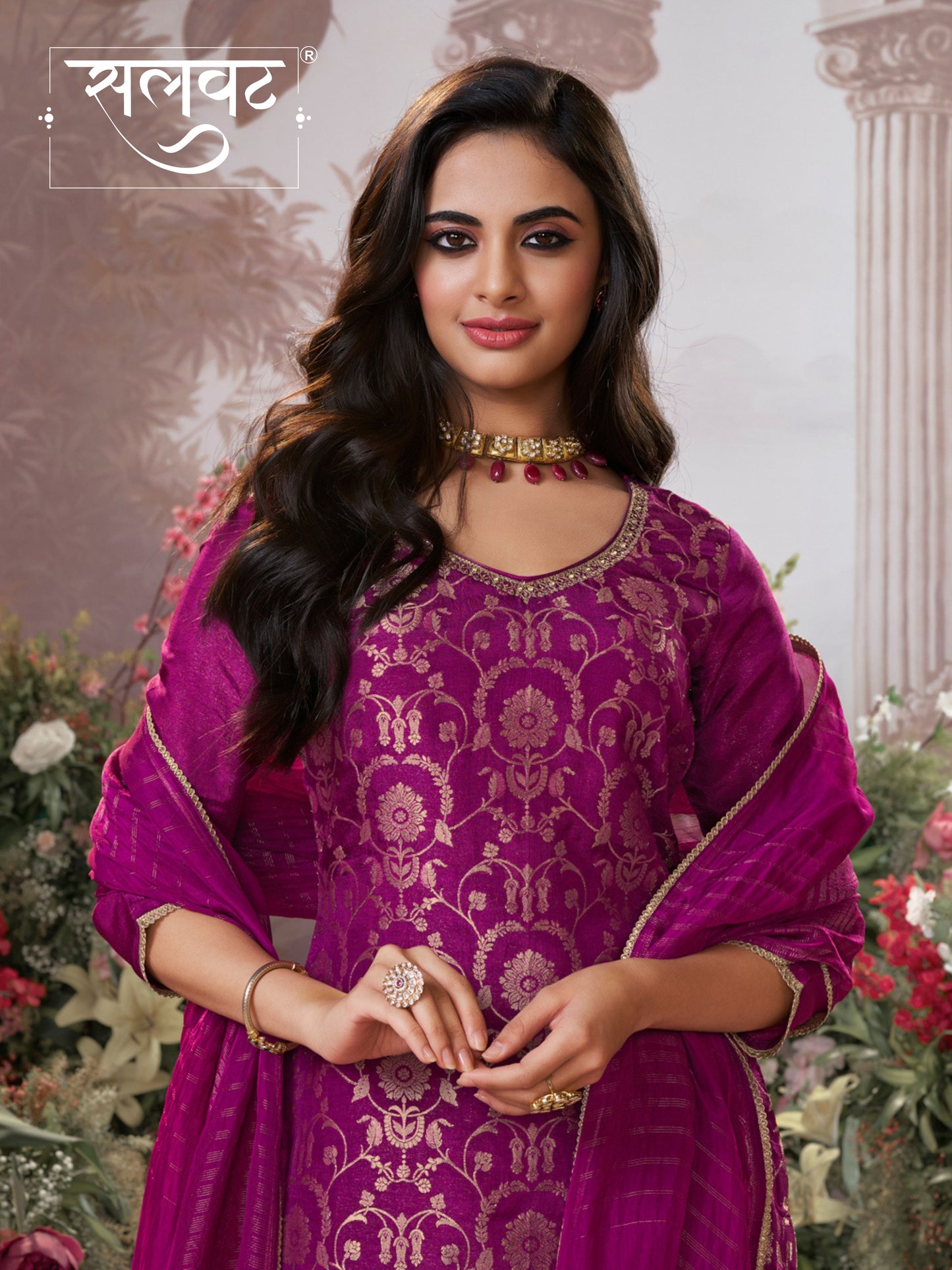 Pansy Purple Chinon Kurta Set with Jacquard and Zari Work, Paired with an Organza Dupatta