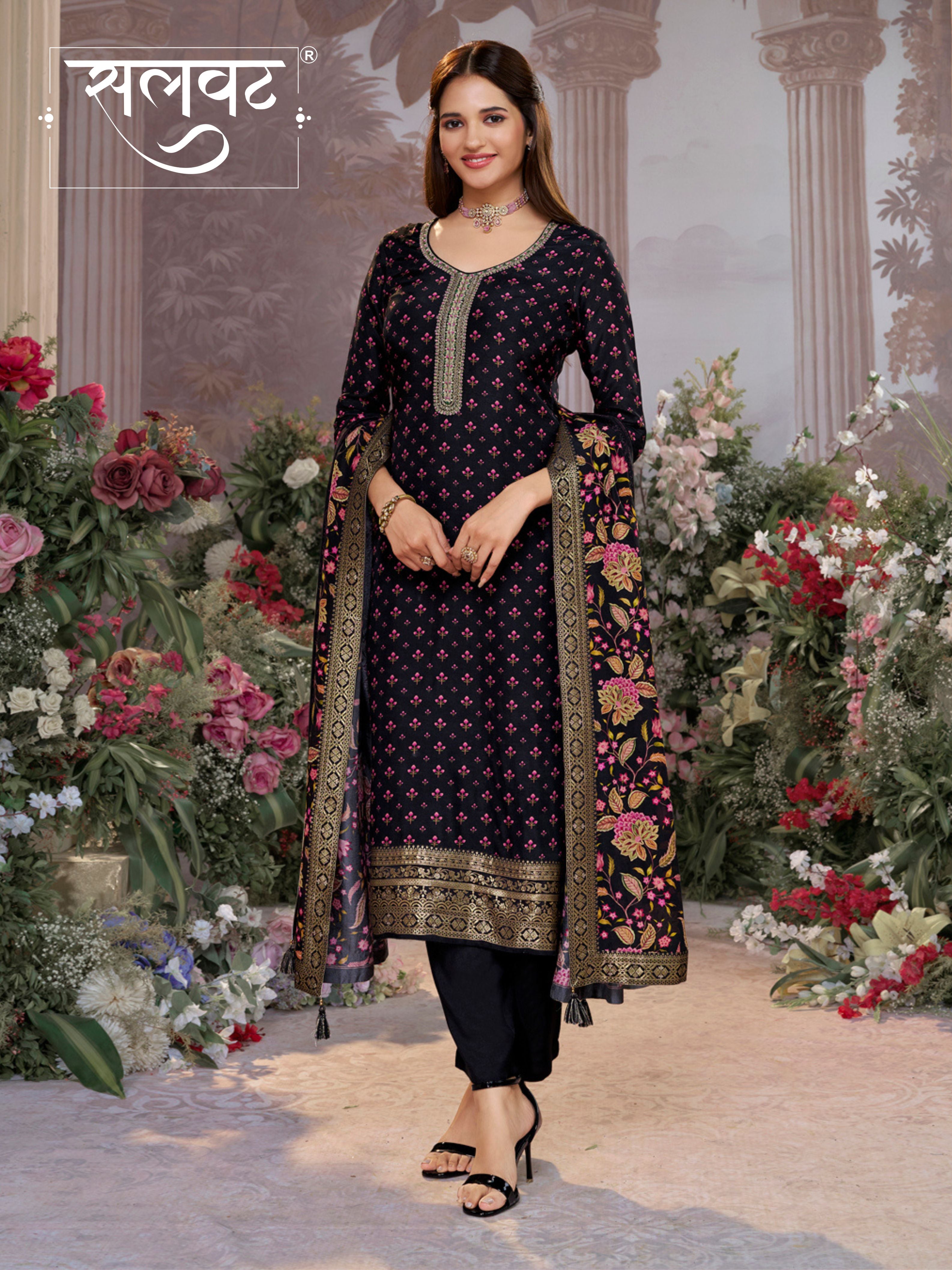 Black Russian Silk Kurta Set with Digital Print Work Paired with Russian Silk Digital Printed Duppatta