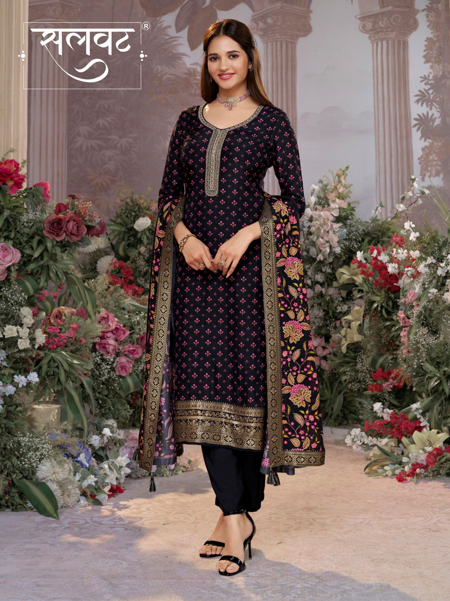 Black Russian Silk Kurta Set with Digital Print Work Paired with Russian Silk Digital Printed Duppatta