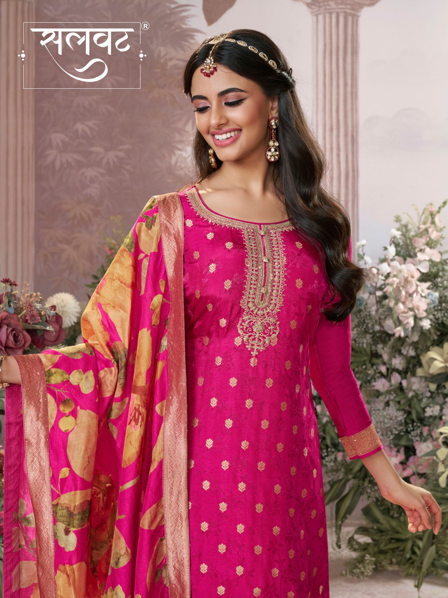 Pink Dola Silk Jacquard & Embroidery Kurta Set with Digital Print Dola Silk Dupatta