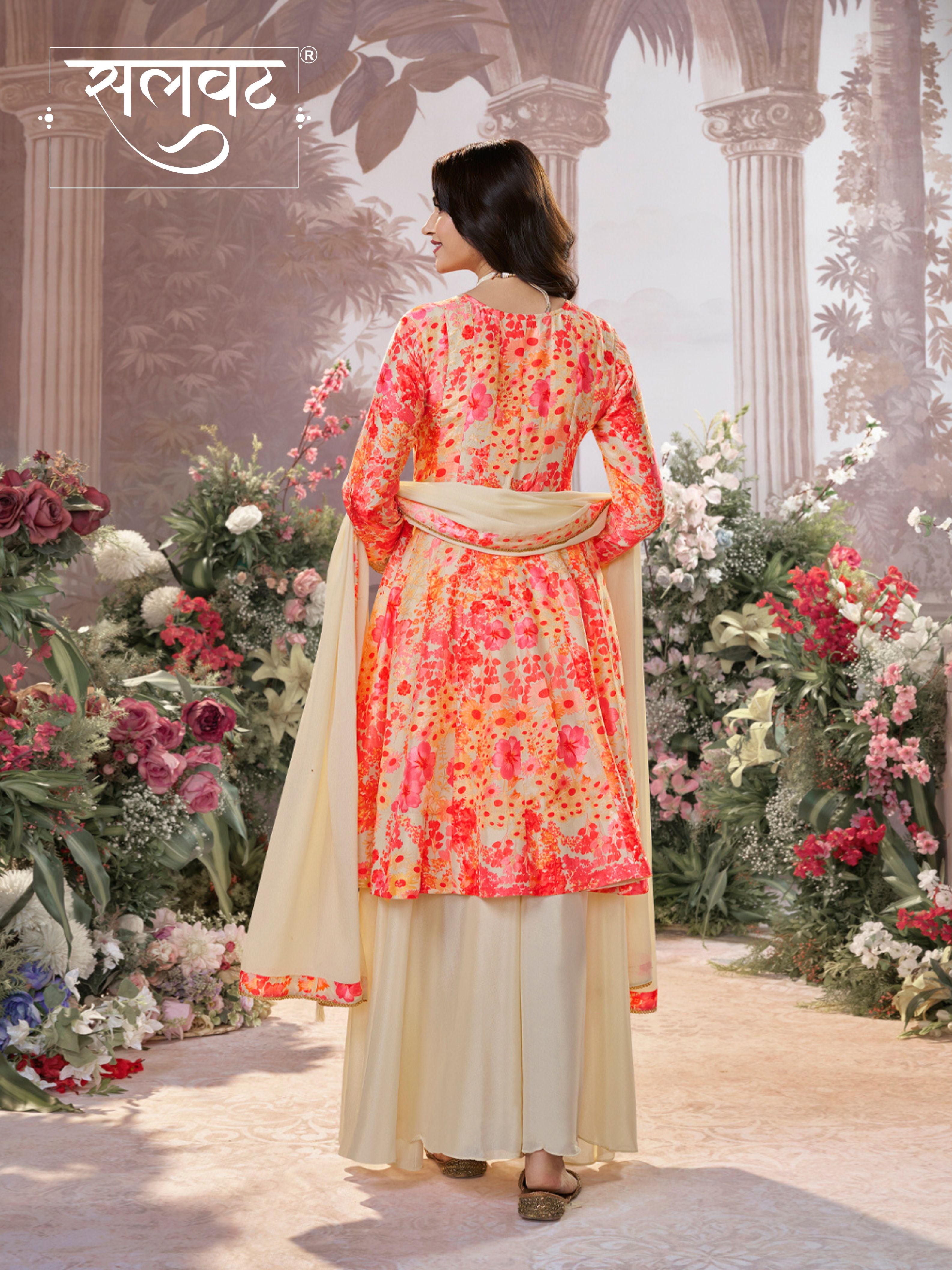 Off-White Russian Silk Mirror Work Sharara Set paired with Chinon Dupatta with Digital Printed Borders