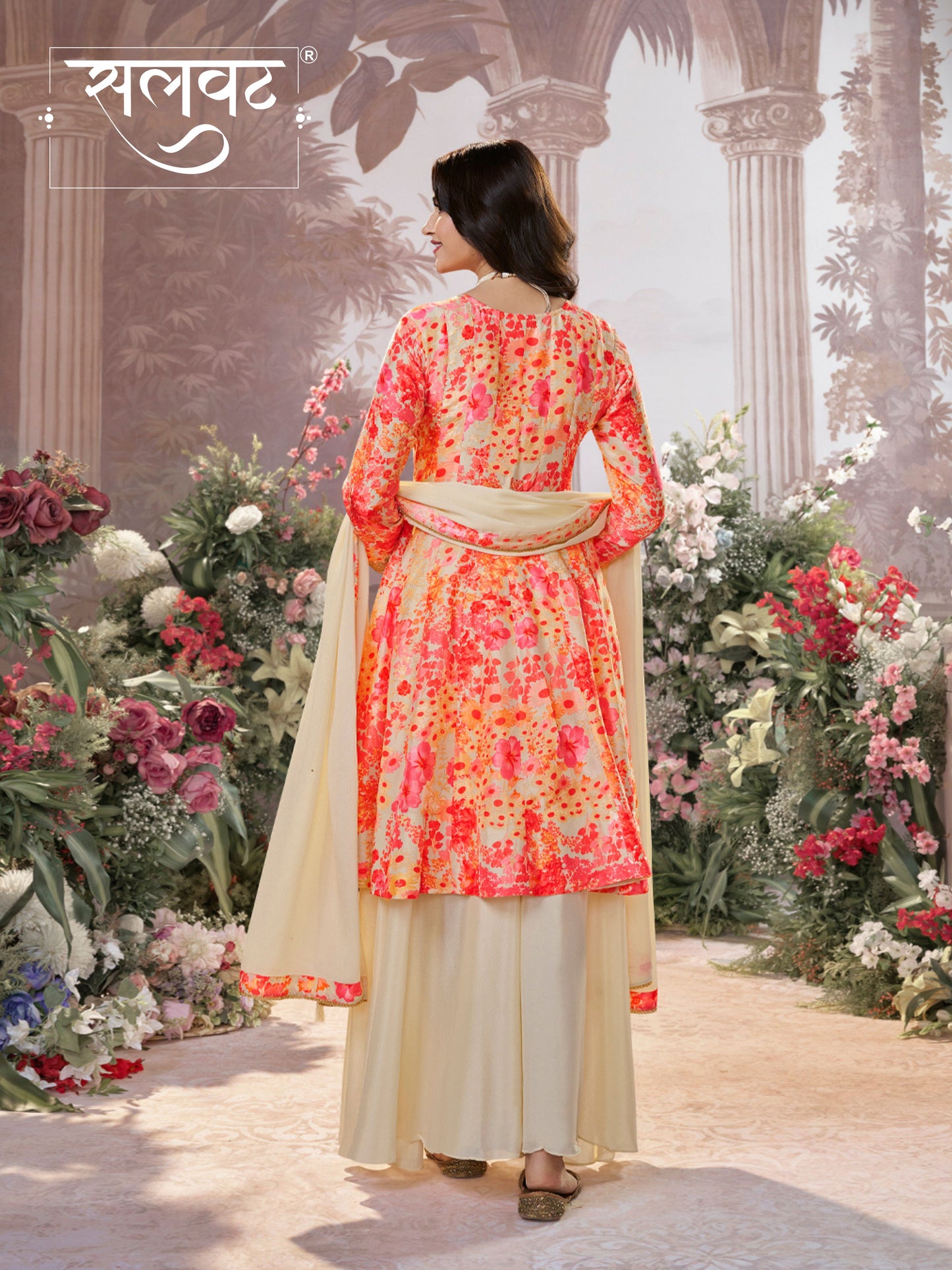 Off-White Russian Silk Mirror Work Sharara Set paired with Chinon Dupatta with Digital Printed Borders