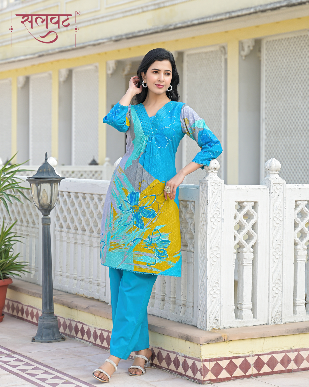 Bright Blue Abstract Printed Handwork Kurta Set