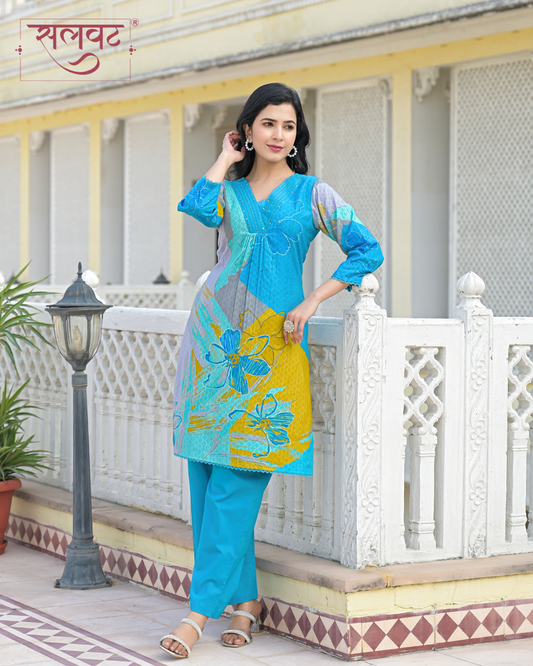 Bright Blue Abstract Printed Handwork Kurta Set