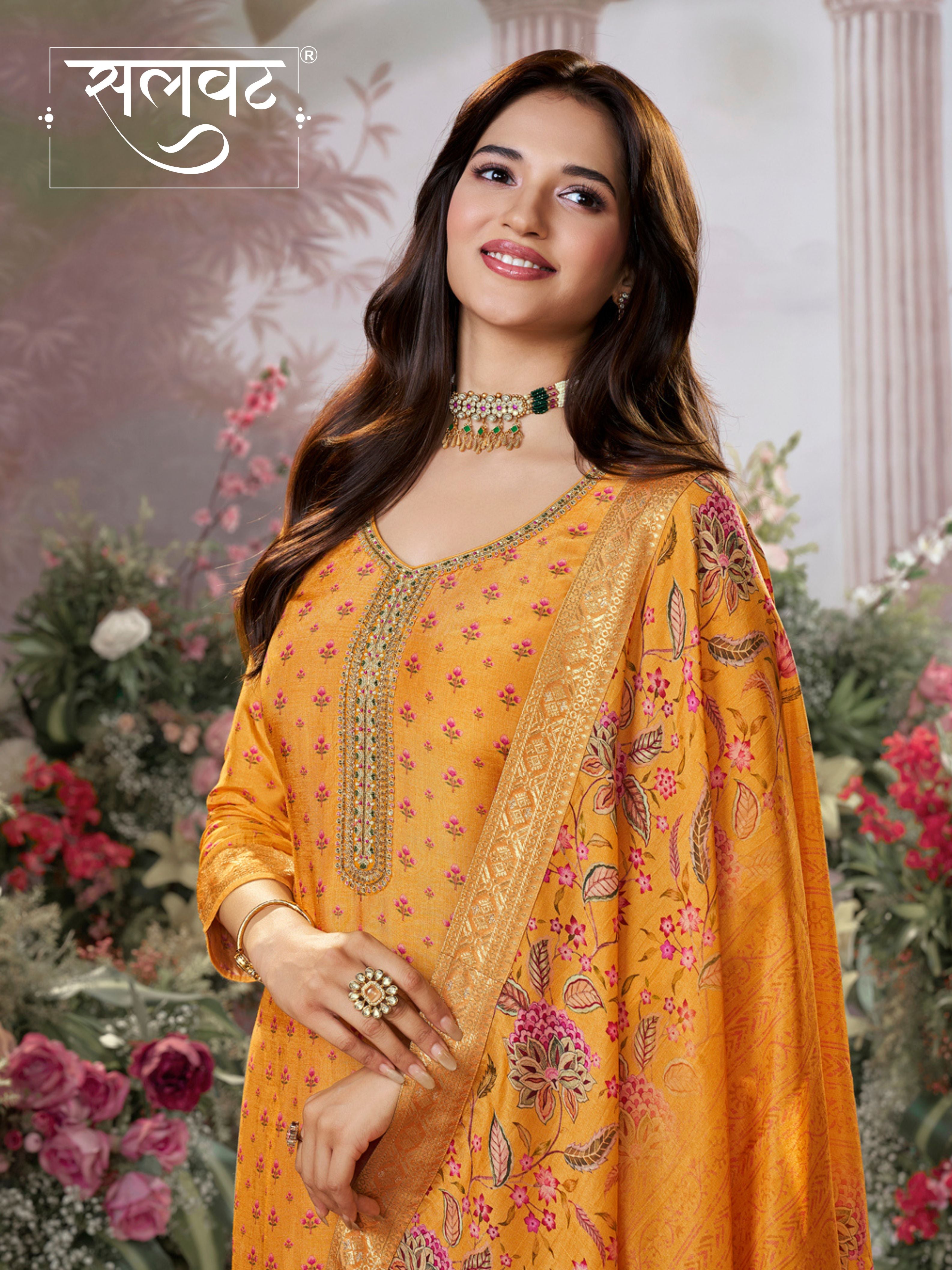 Yellow Russian Silk Kurta Set with Digital Print Work Paired with Russian Silk Digital Printed Duppatta