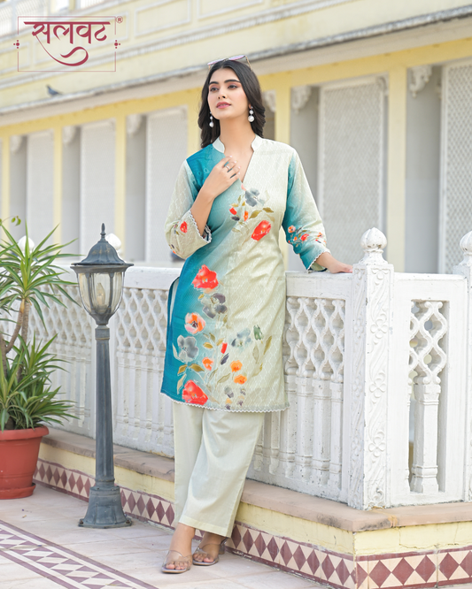 Cream & Turquoise Abstract Printed Kurta Set