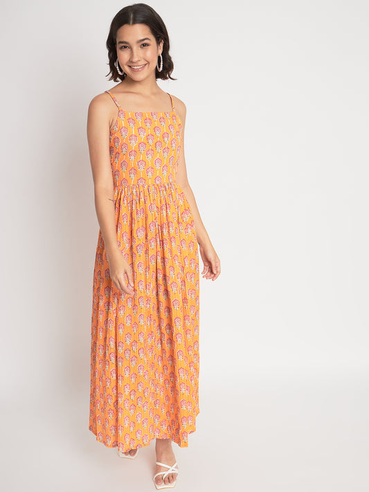 Orange Cotton Printed Long Dress