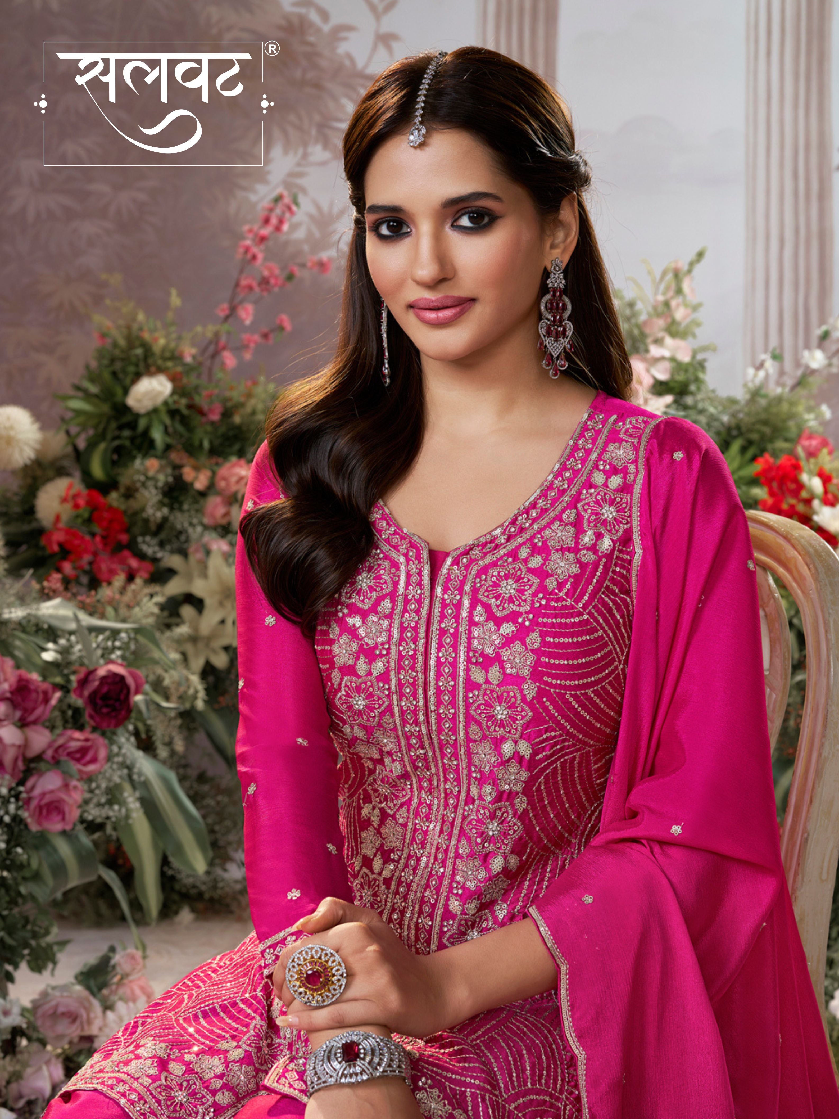 Pink Chinon Embroidered Sharara Suit with Butti Work and Sequins Scalloped Border Dupatta