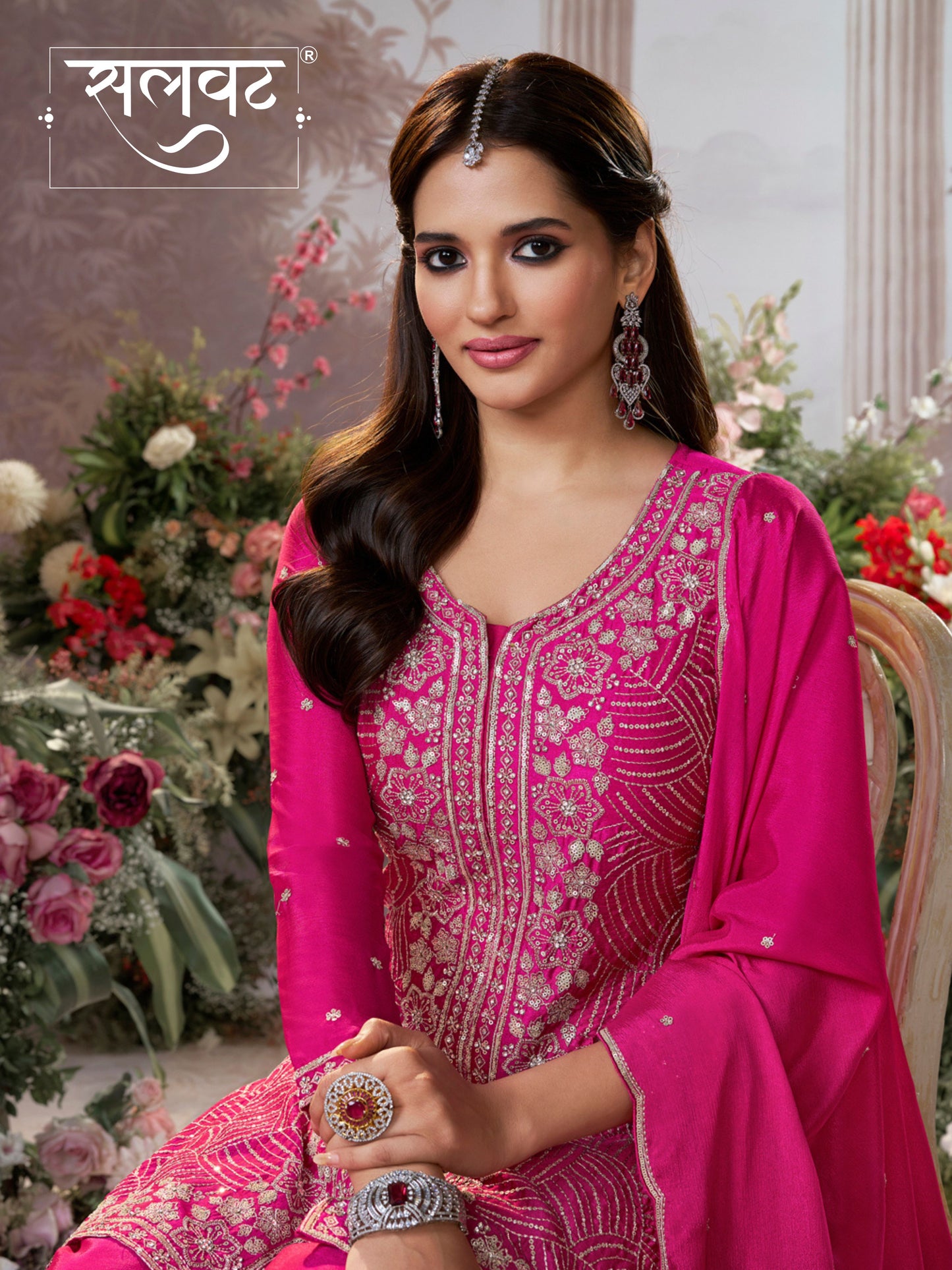 Pink Chinon Embroidered Sharara Suit with Butti Work and Sequins Scalloped Border Dupatta
