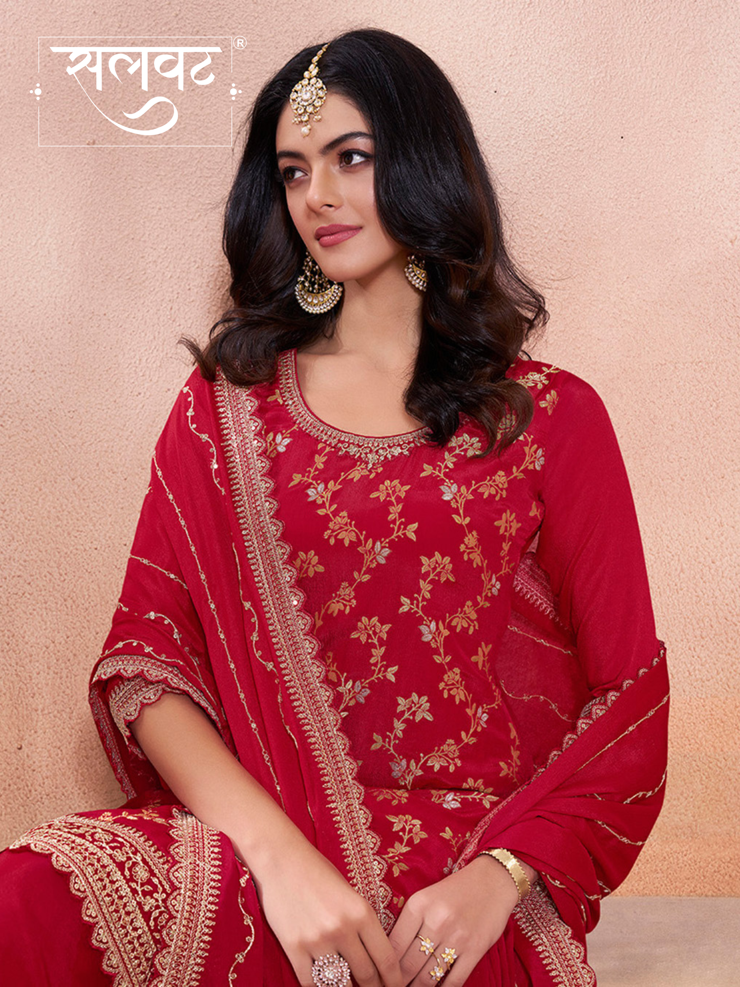 Red Jacquard Embroidery Sharara Suit Set